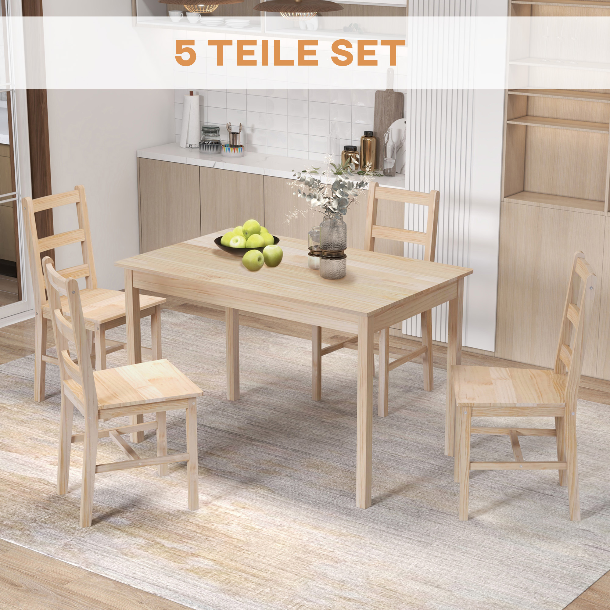 HOMCOM 5-delige Eetgroep Eettafel met Stoelen Zitgroep, Massief Hout, 118 cm x 73 cm x 75 cm, Natuur