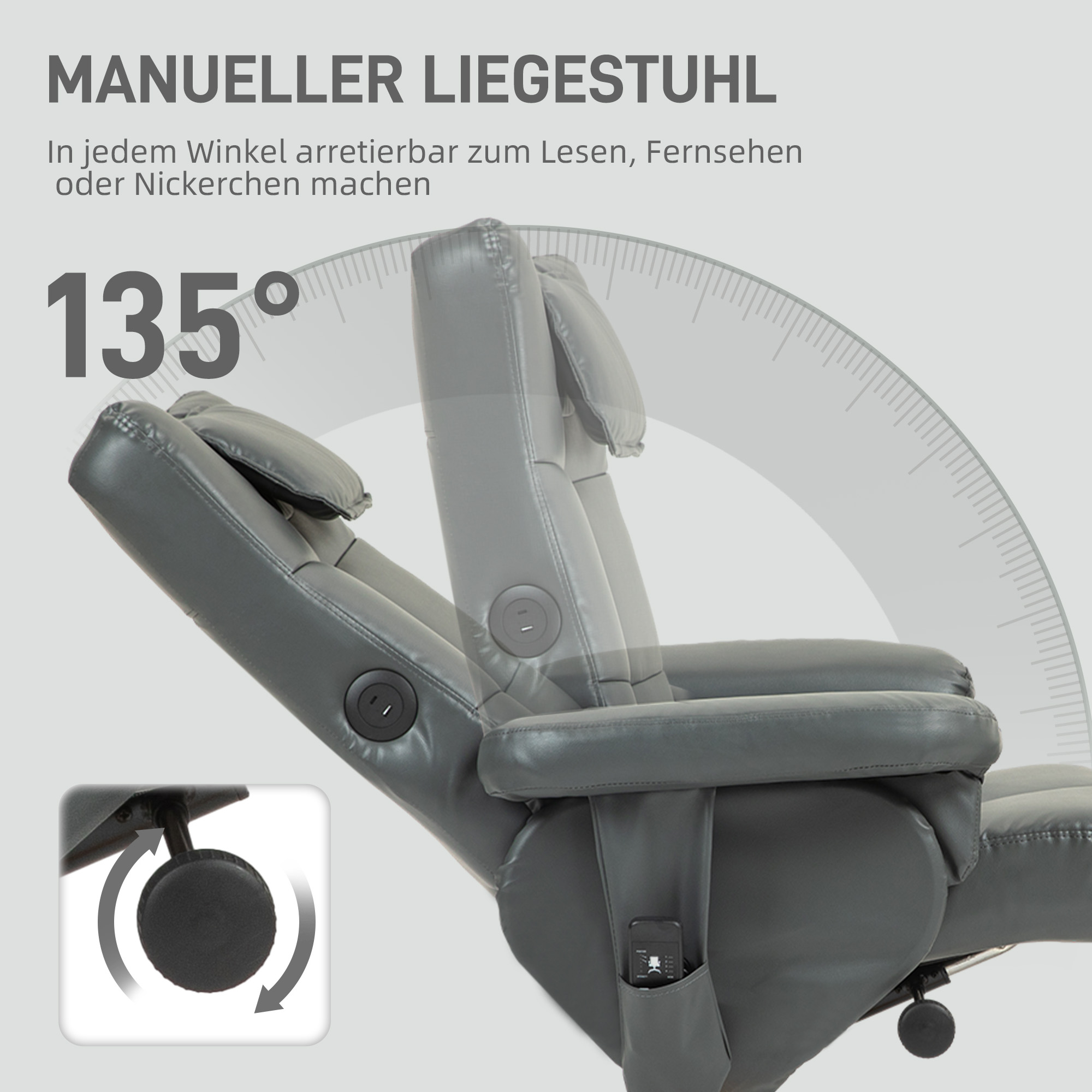 HOMCOM Massagestoel met Voetenbank, Verstelbare Rugleuning, USB-Oplaadpoort, Lederlook, tot 150 kg, Donkergrijs