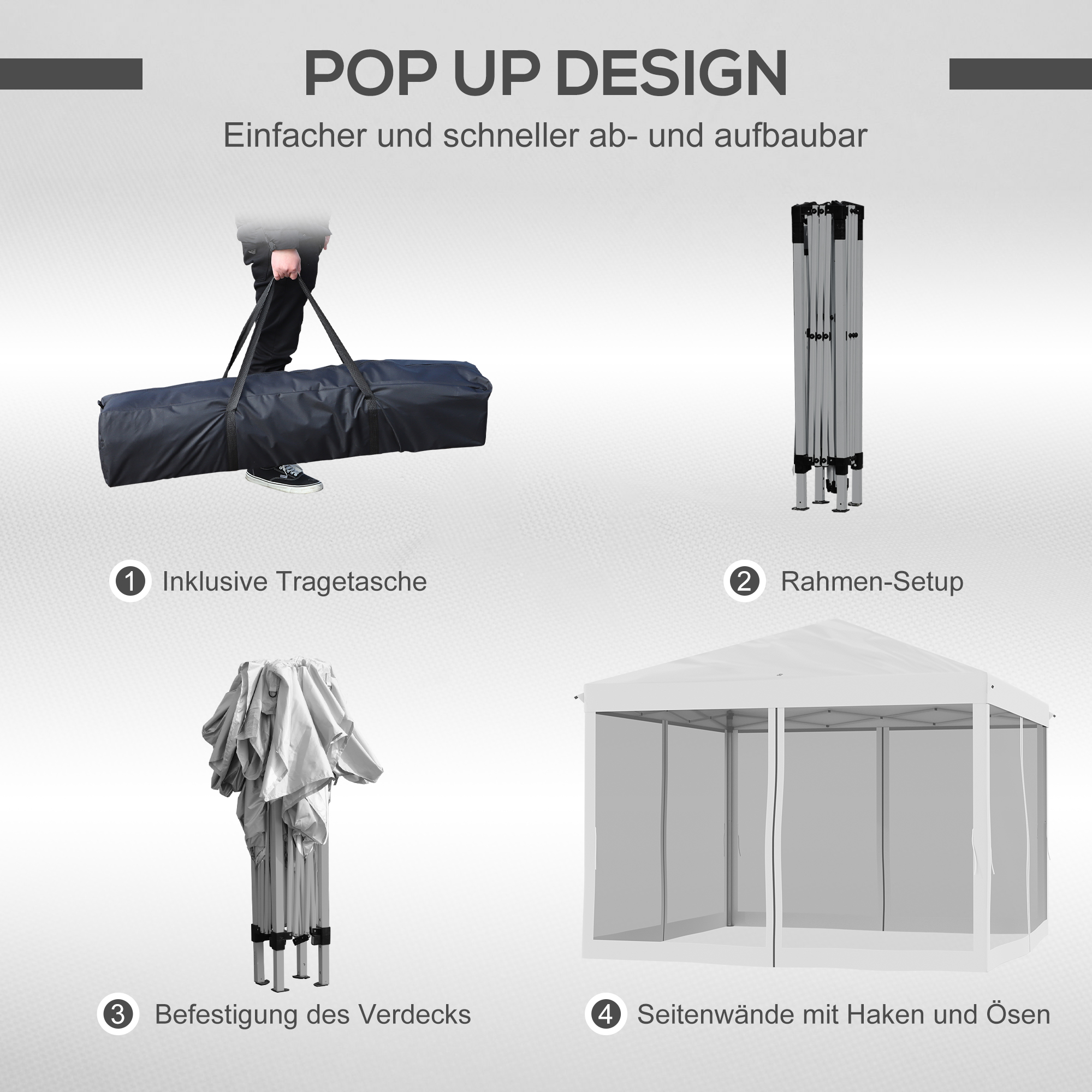 Outsunny Opvouwbare Paviljoen, Feesttent met Zijwanden incl. Draagtas, Tuinpaviljoen, Metaal, Oxford-stof, 3 x 3 m, Crèmewit