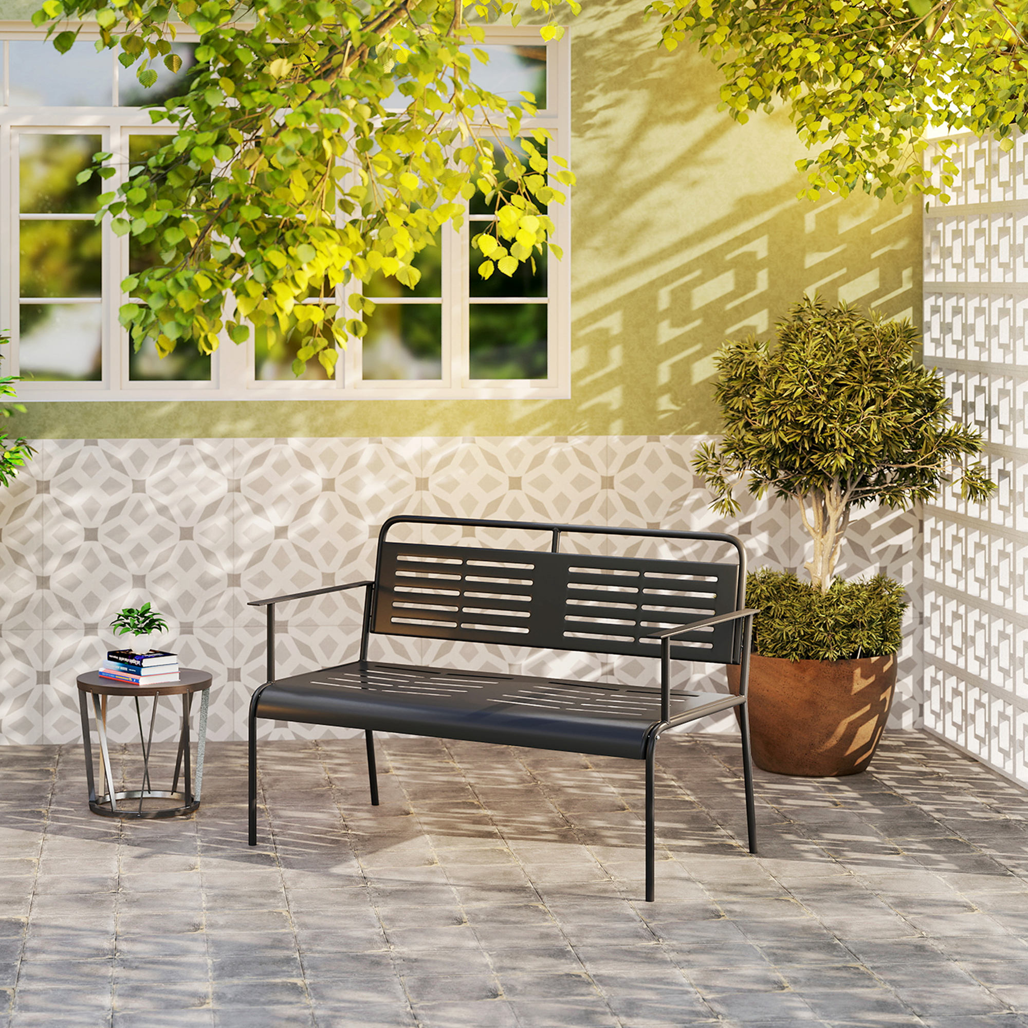 Outsunny 2-Persoons Weerbestendige Tuinbank, Waterbestendige Tuinmeubels met Rug- & Armleuningen 121 x 64 x 84cm, Zwart