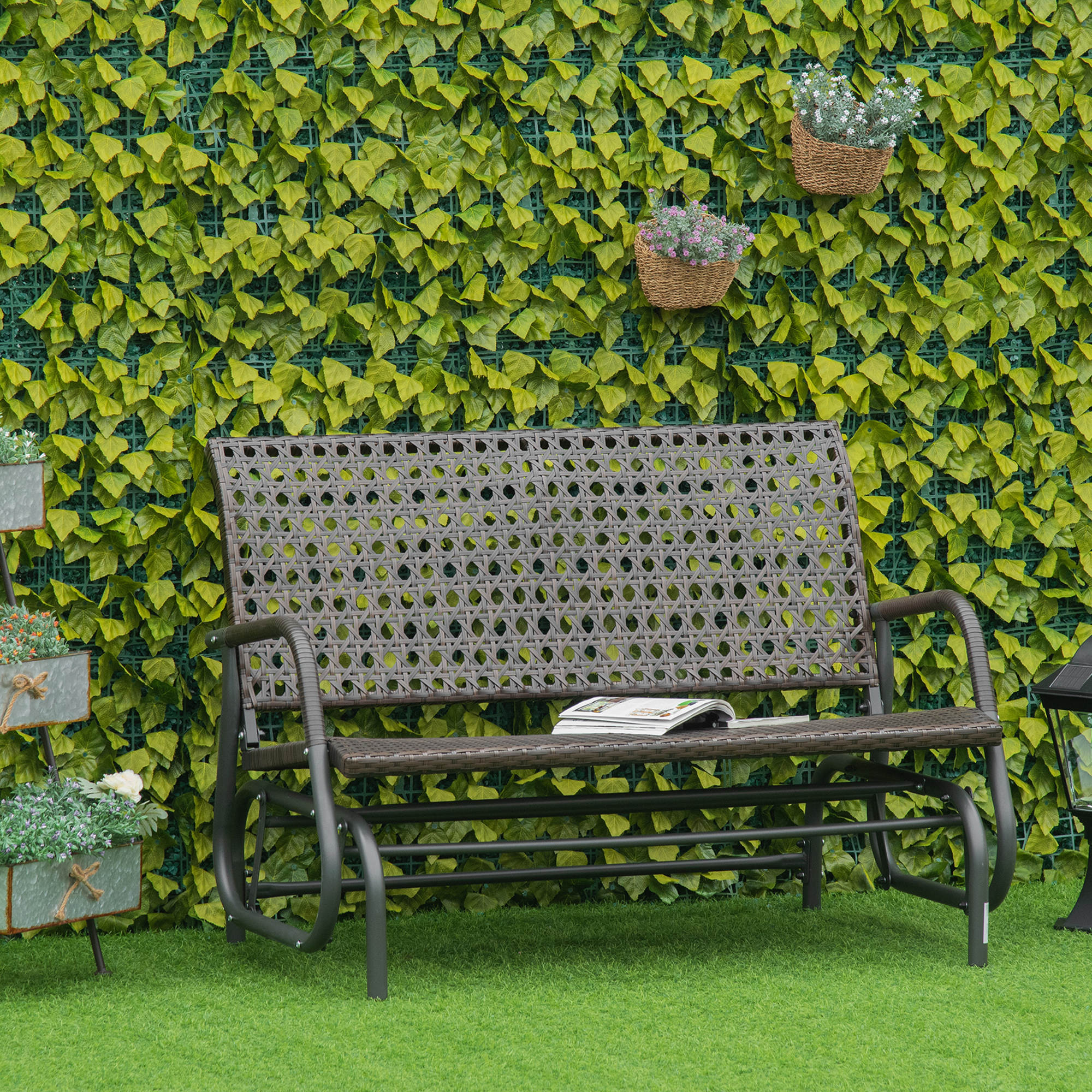 Outsunny schommelbank voor 2 personen in rotan look, staal+polyrattan, bruin+grijs, 70 x 120 x 84 cm