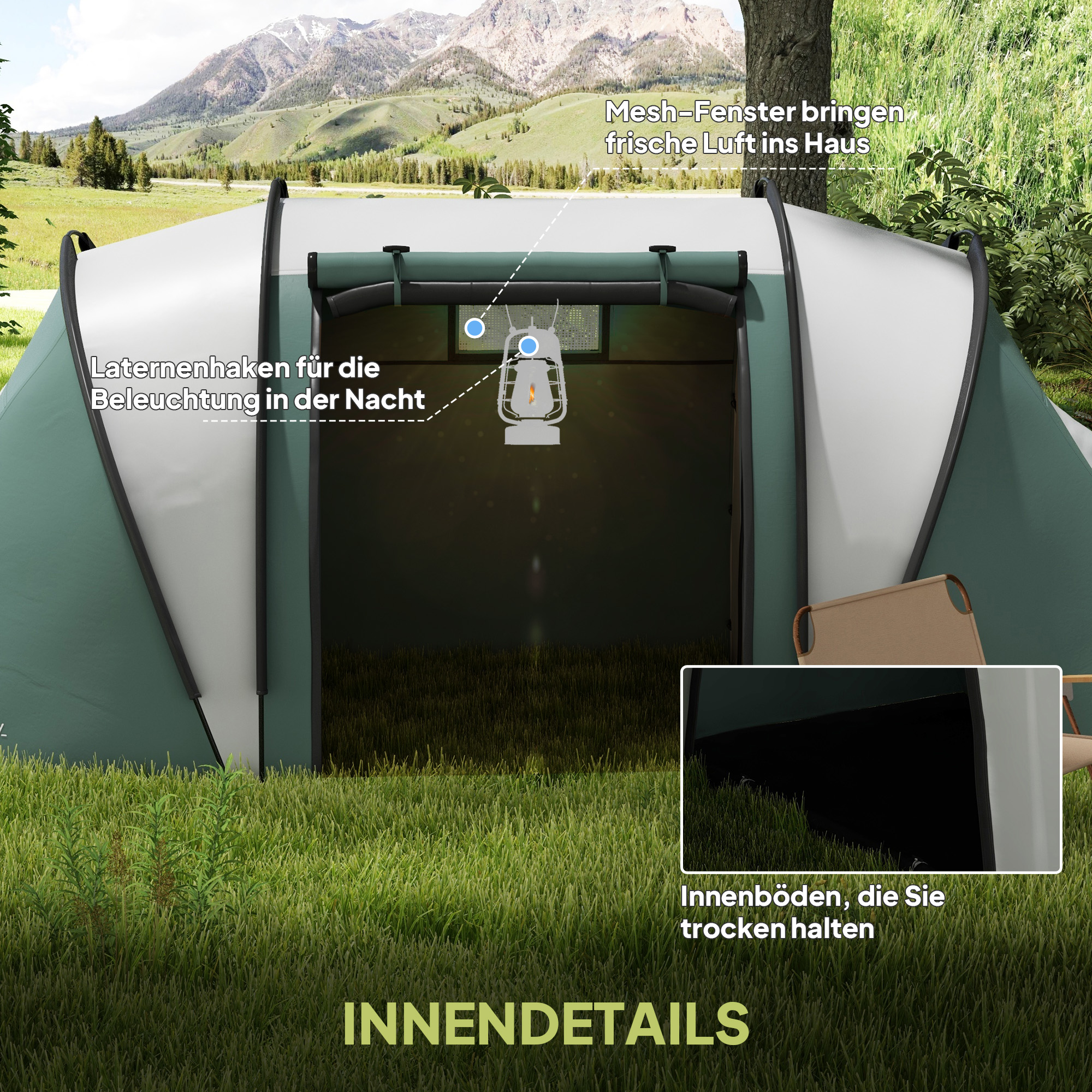 Outsunny Lichtgewicht Waterafstotende Campingtent voor 4-5 Personen met 3 Kamers, Zijdeur en Ramen in Donkergroen