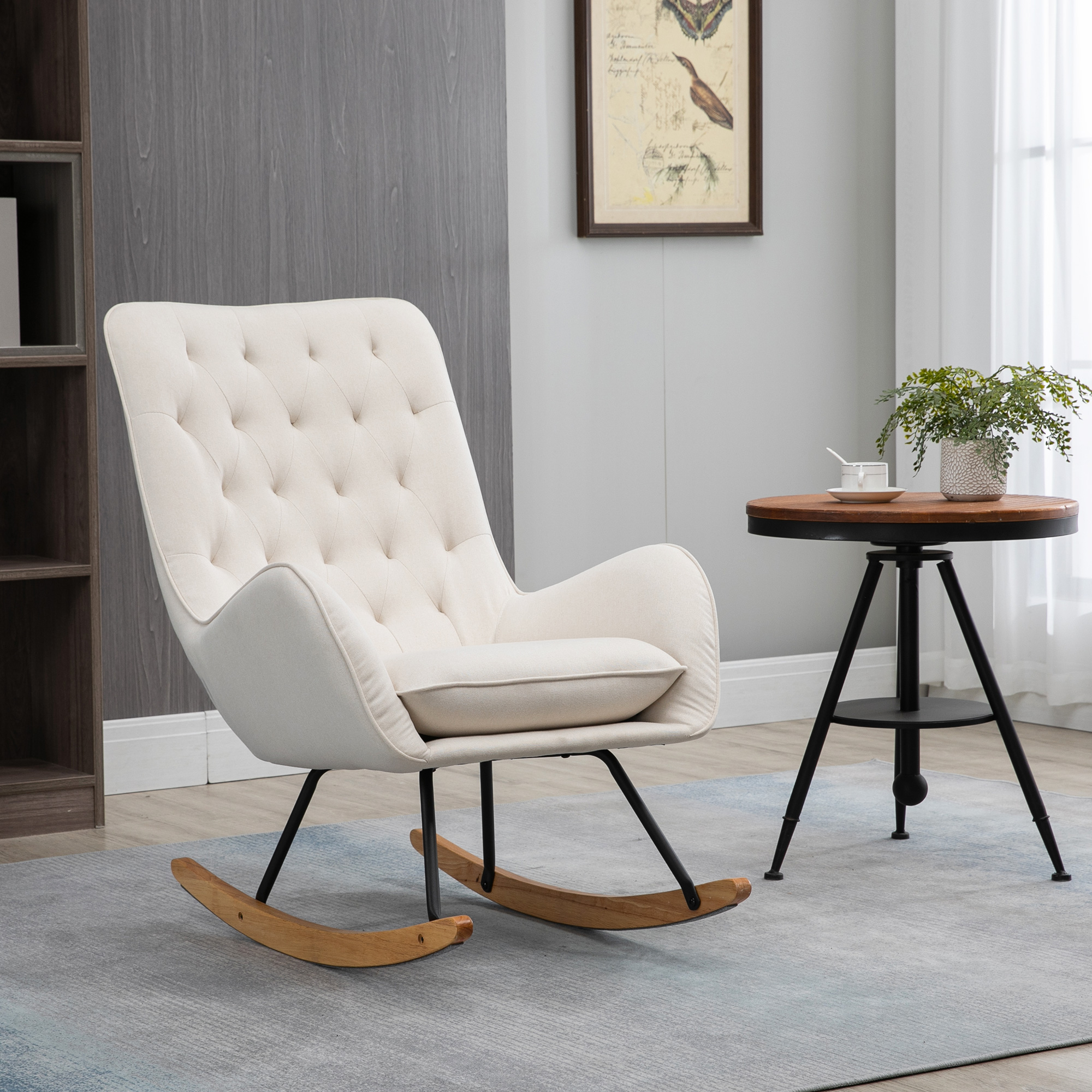HOMCOM Schommelstoel in Scandinavisch design - Relaxfauteuil met knopsteekdetailing, 69 cm x 90 cm x 100 cm, Crème + Natuur + Zwart