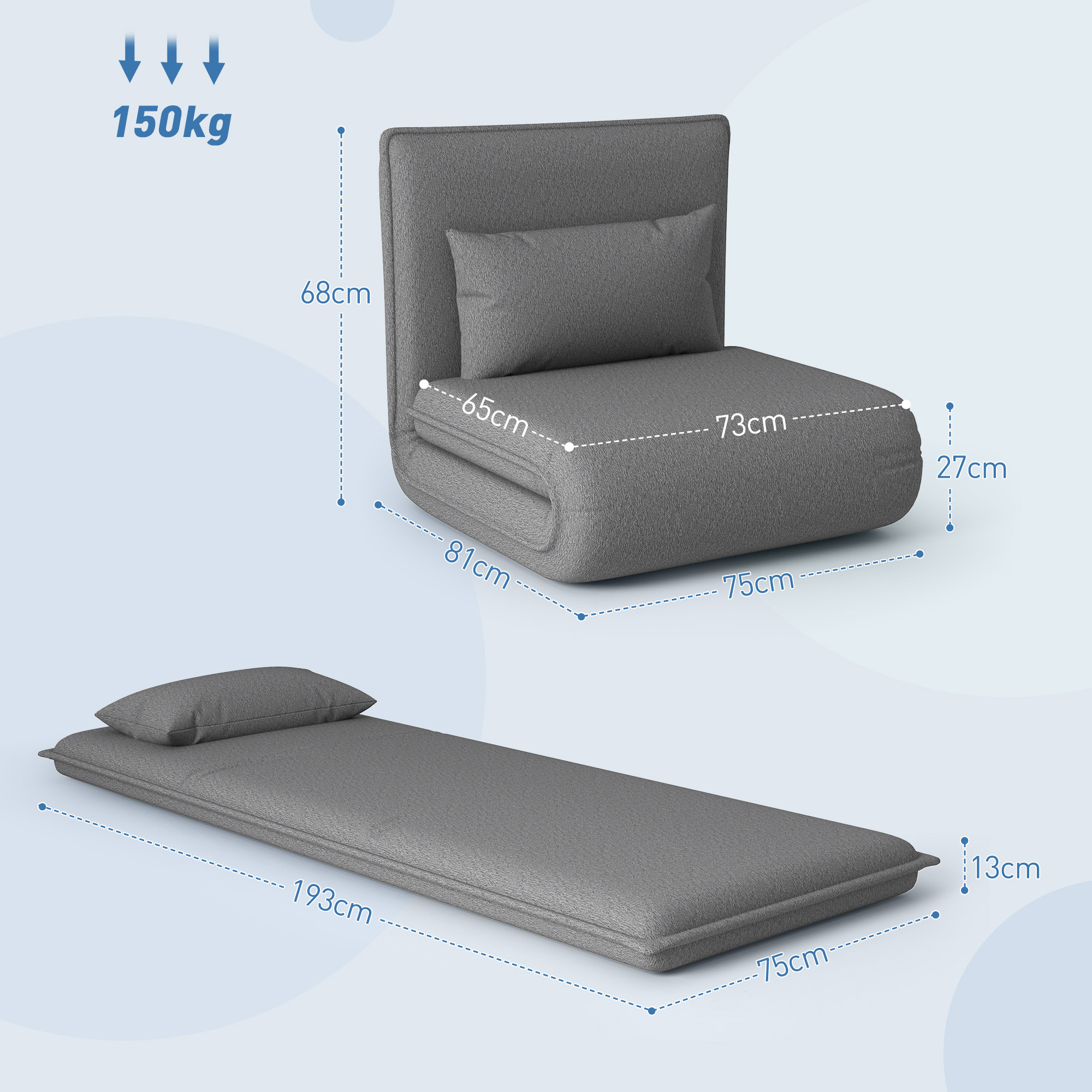 HOMCOM Vloerstoel, 3-in-1 Ontwerp, Verstelbare Vloerstoel, Chaise Longue voor Woonkamer, Slaapkamer, Gastenkamer, Kantoor, Grijs