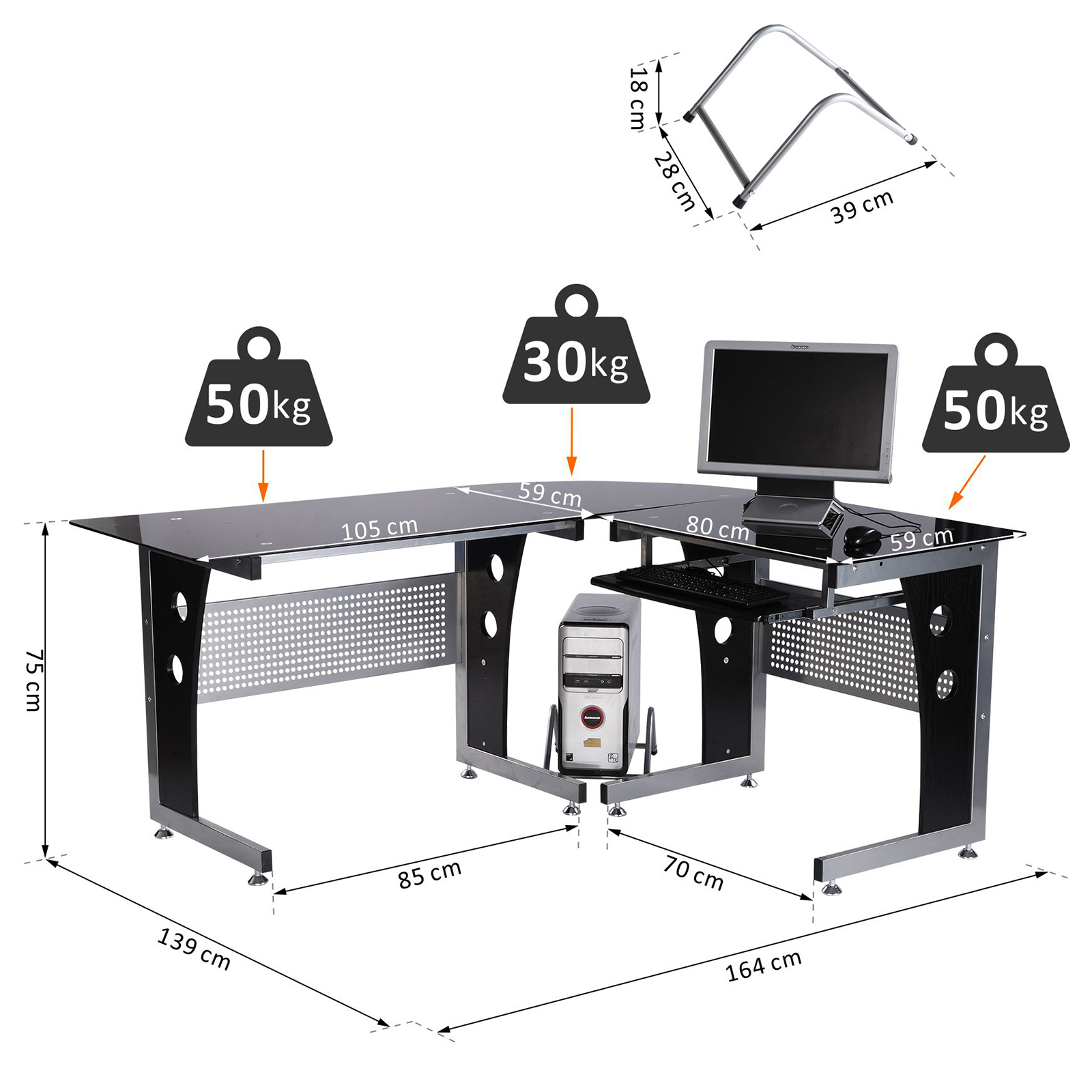 HOMCOM Computertafel hoekschrijftafel PC-tafel kantoortafel met veiligheidsglas