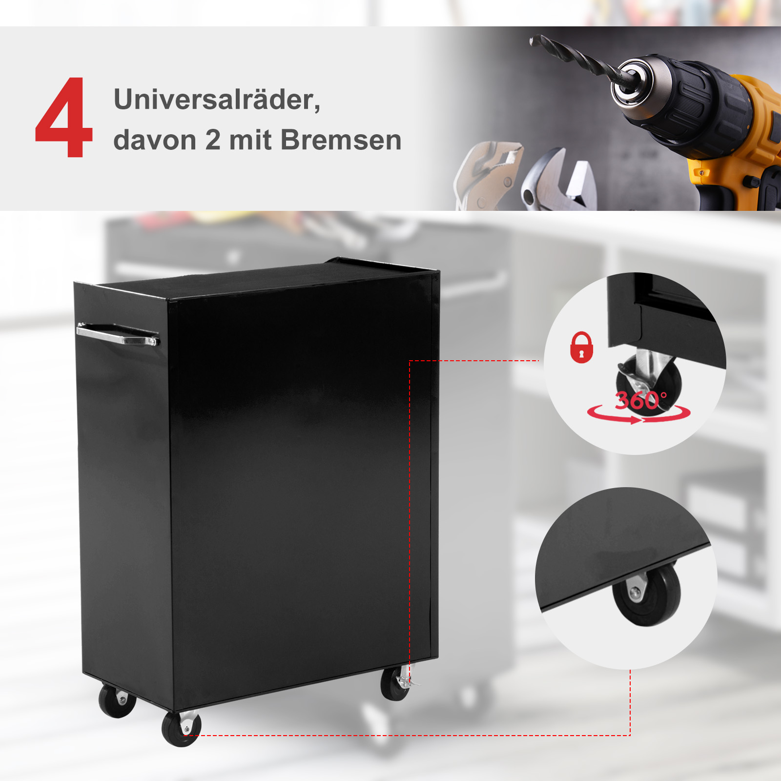 HOMCOM Gereedschapskast, Gereedschapskist, 5 Laden, Rolbaar, Staal, Zwart
