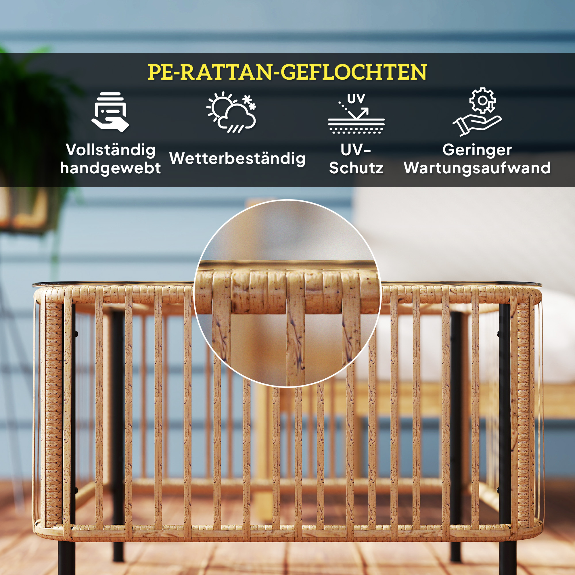Outsunny Polyrattan Tuintafel, 65 x 65 x 43 cm, Weerbestendige Bijzettafel Vierkant met Glazen Plaat, Natuurlijk Hout