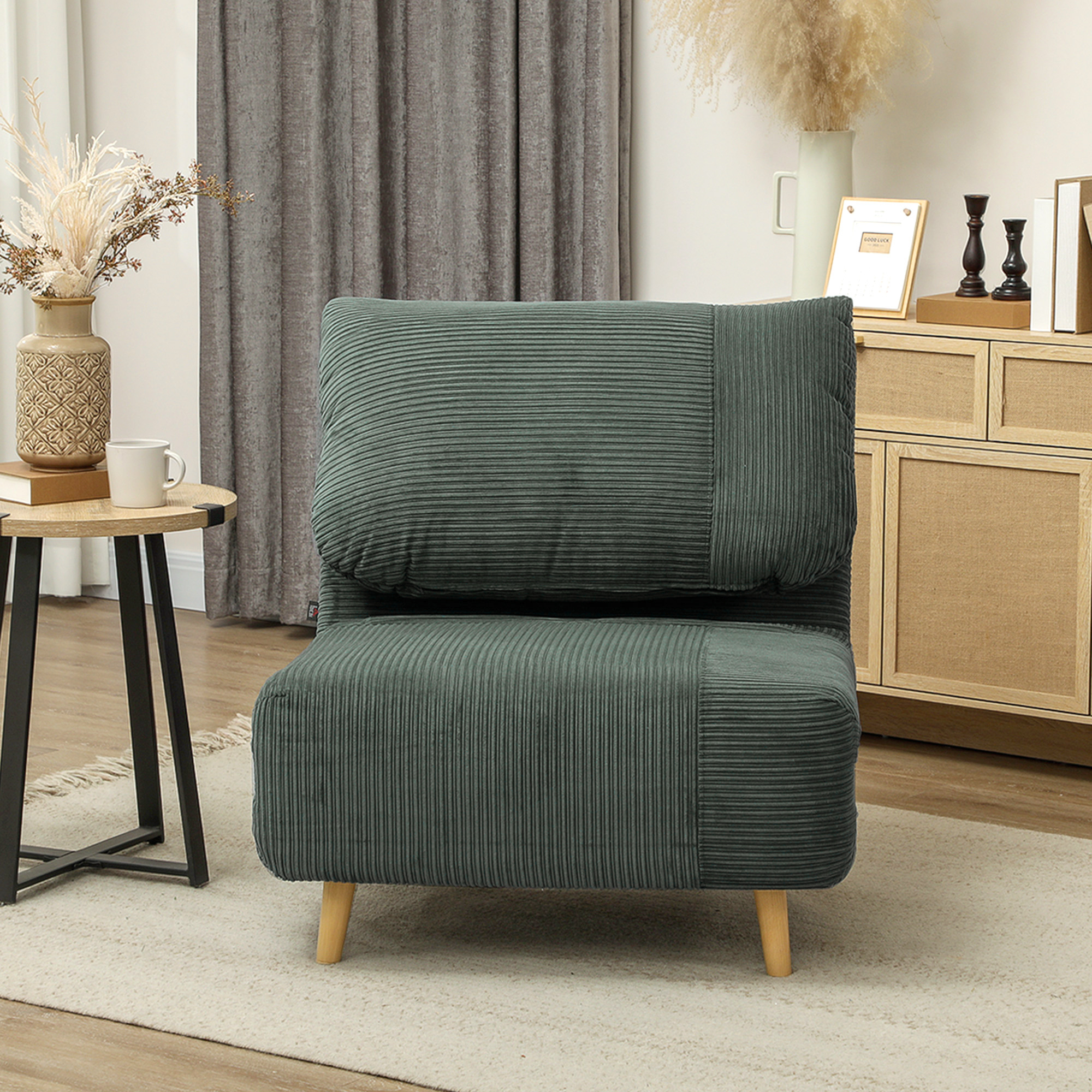HOMCOM 2-in-1 Slaapfauteuil en Gastenbed, Verstelbare Hoofdsteun Ribfluweel 82 cm x 89 cm x 83 cm Groen