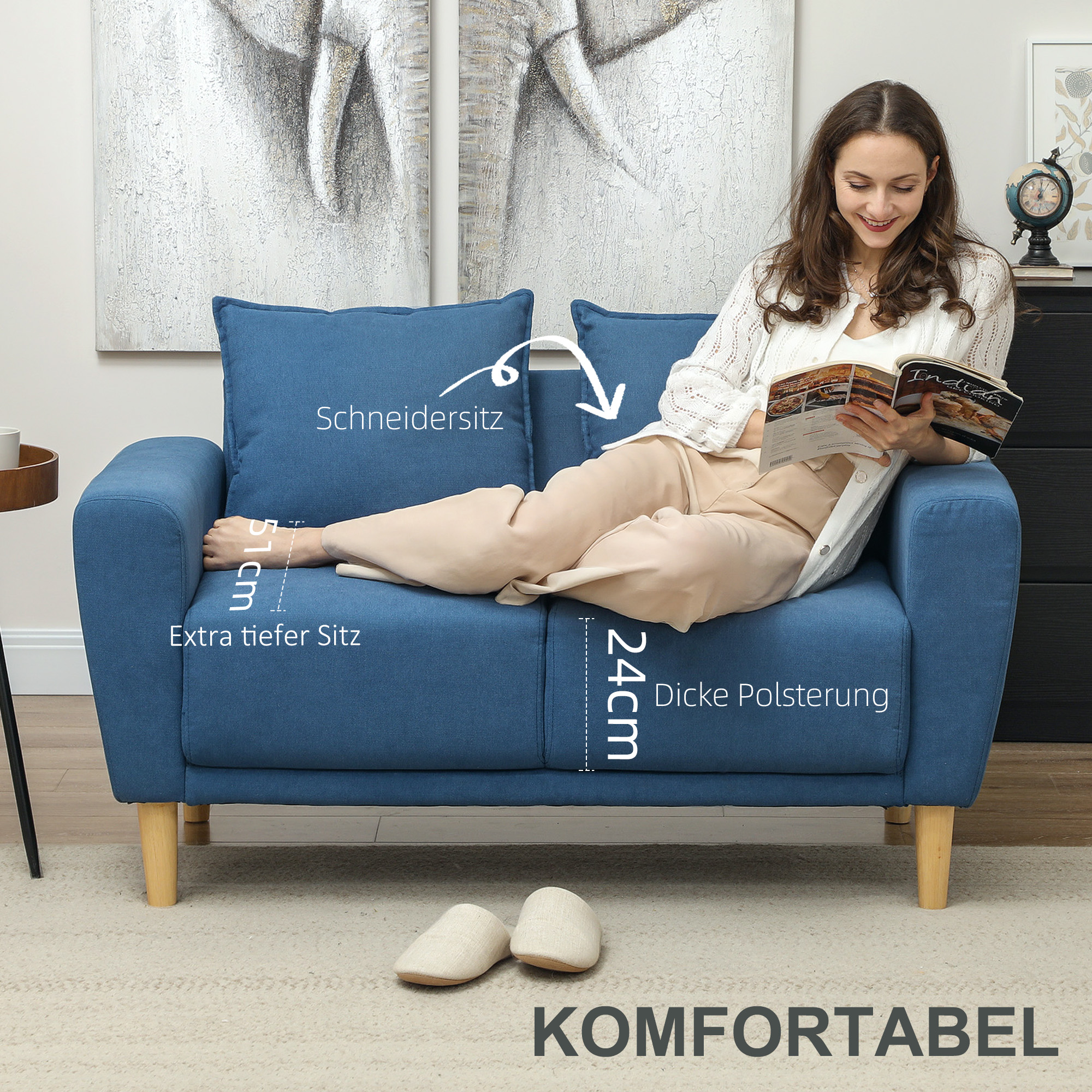 HOMCOM Tweezitsbank, Moderne Stoffen Bank, 2 Rugkussens, Eucalyptus-Houten Frame, 133 x 73 x 81 cm, Blauw