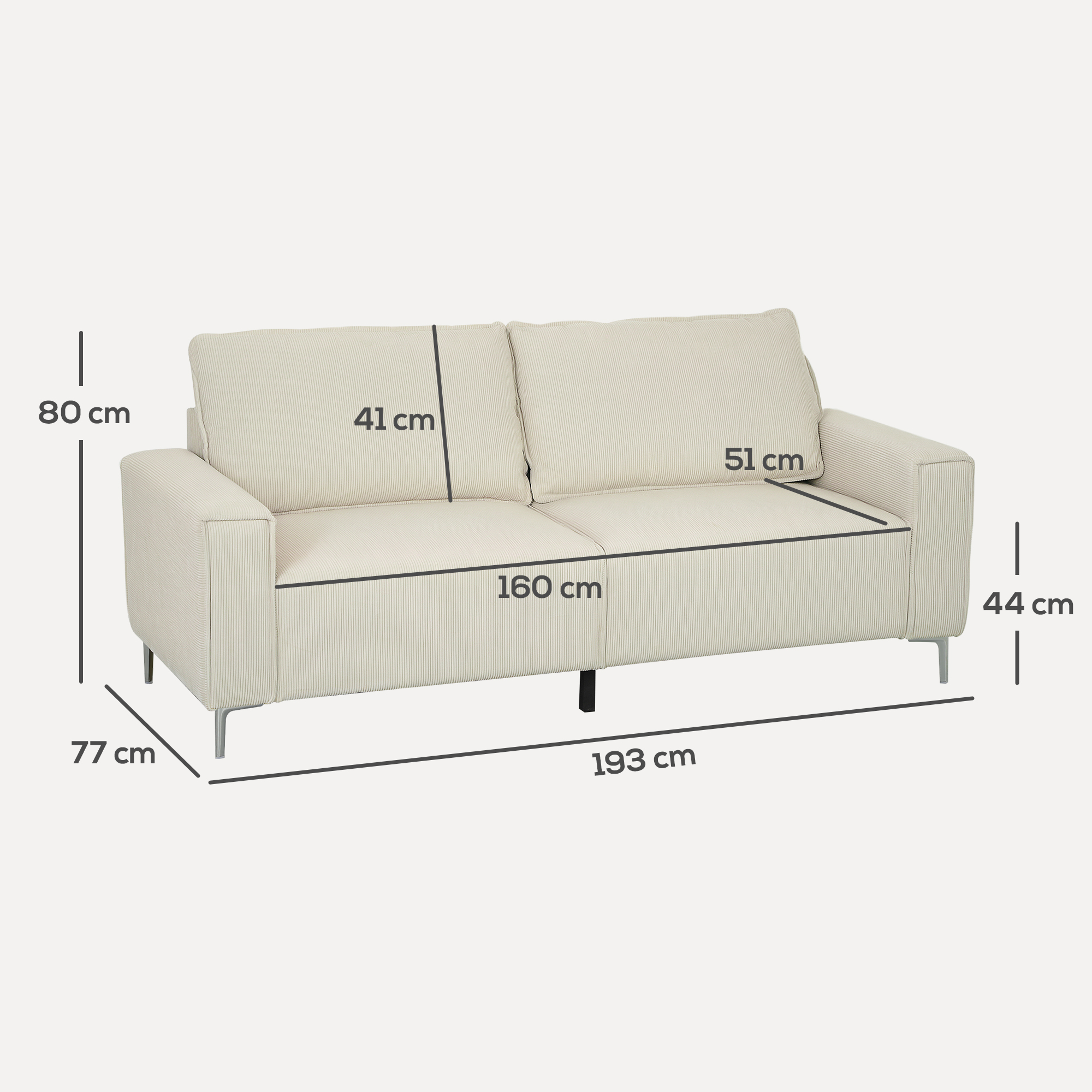 HOMCOM Modern 3-zits bank, Zachte bank met rugkussens, Gepolsterde sofa voor woonkamer, slaapkamer, thuiskantoor, Crèmewit