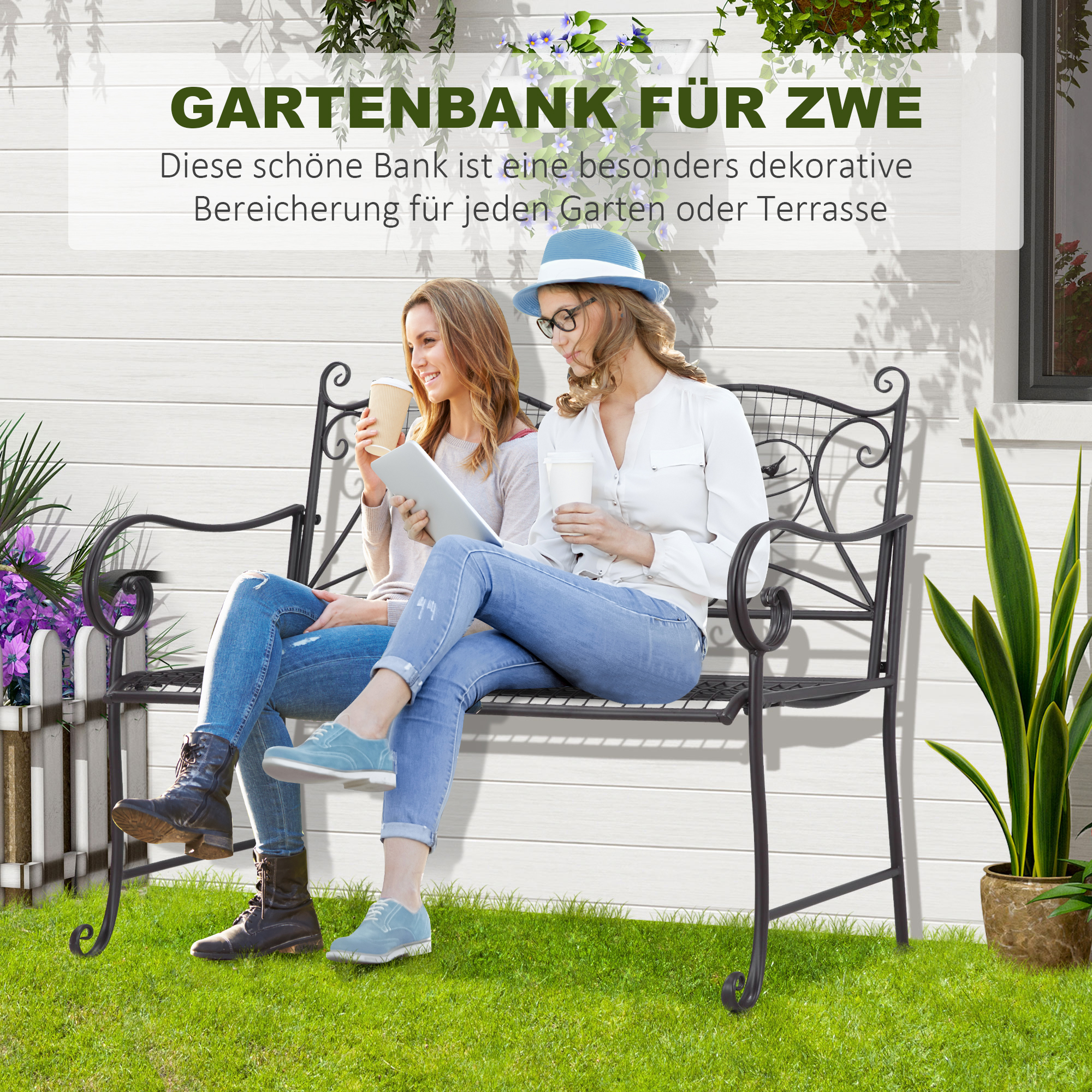 Outsunny tuinbank 2-zits parkbank met rugleuning tot 220 kg tuinmeubelen weerbestendig antiek metaal koffie 114 x 53,3 x 91 cm