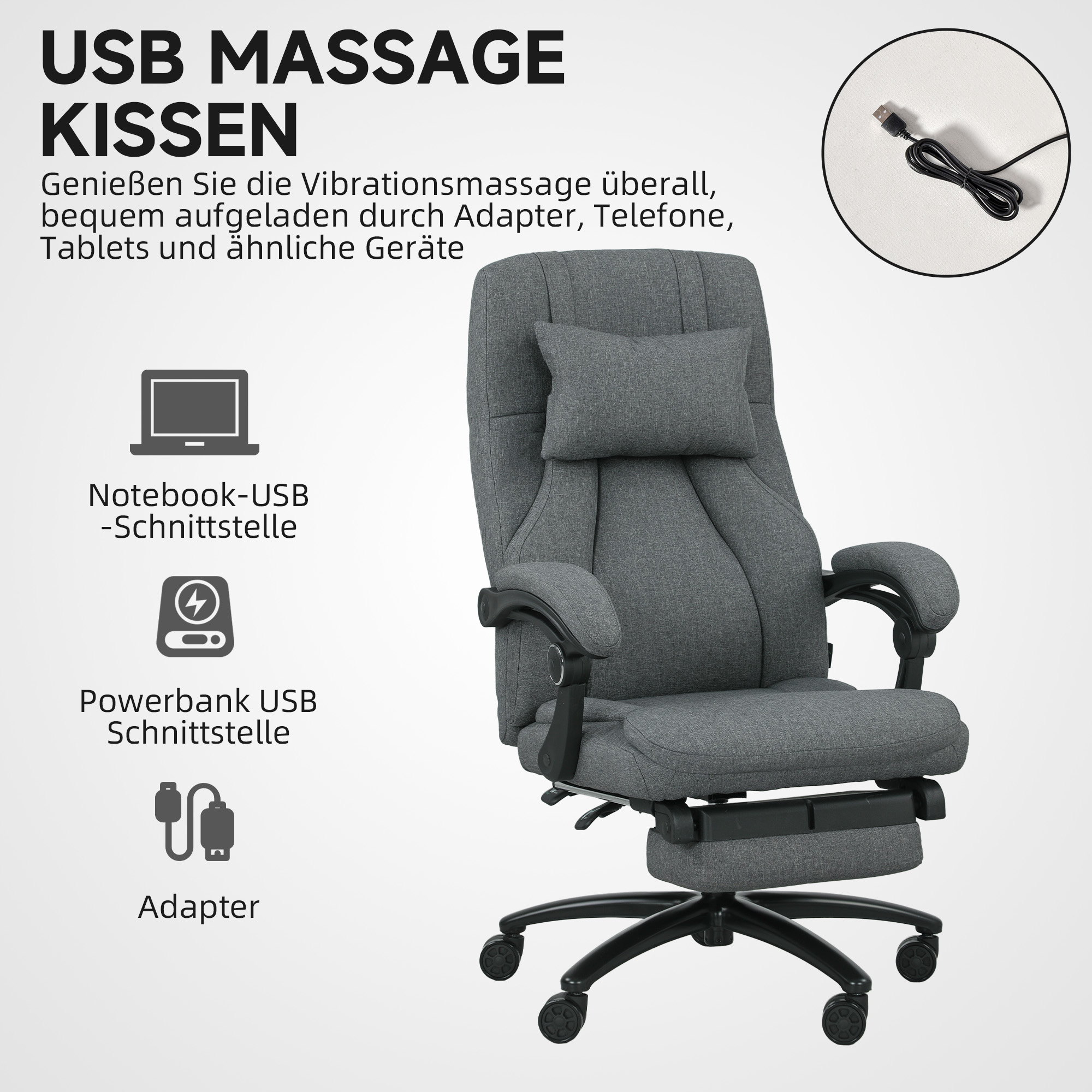 Vinsetto Massagewerkstoel, USB-aansluiting, draaibare wielen, Donkergrijs
