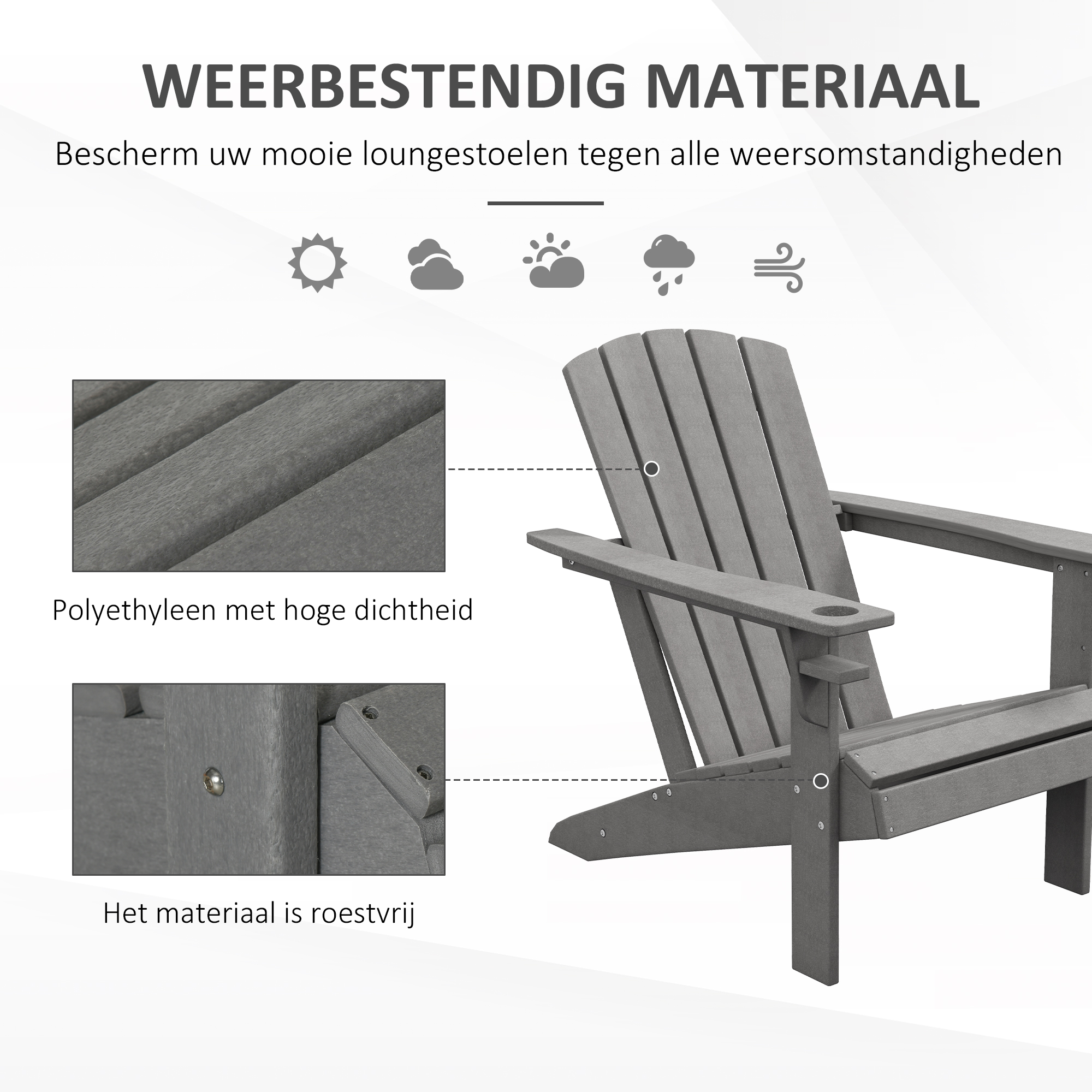 Outsunny Adirondack Stoel Kunststof 75x87x90cm,met Bekerhouder, Grijs