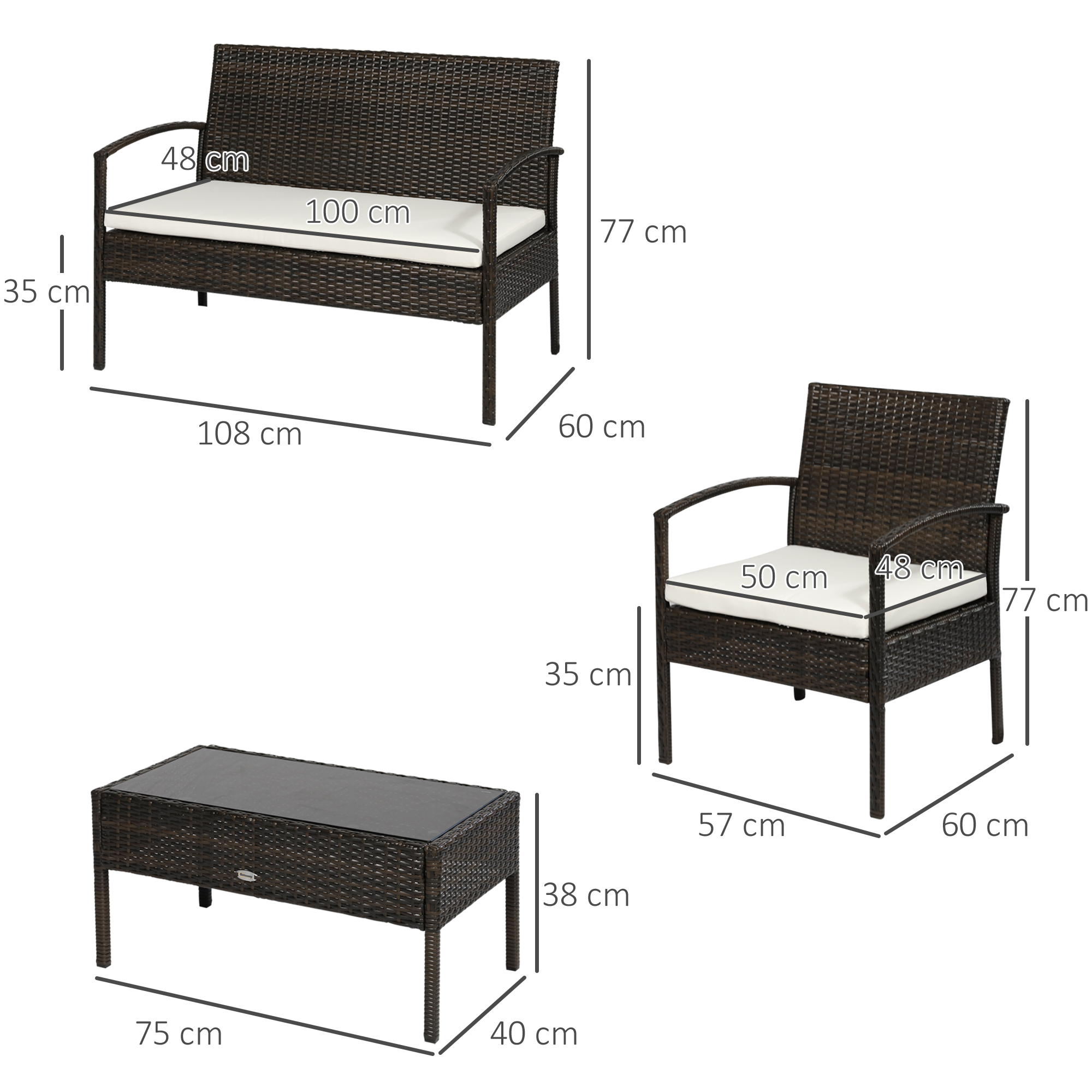Outsunny poly rotan tuinmeubelset 4 delig bruin+crème wit