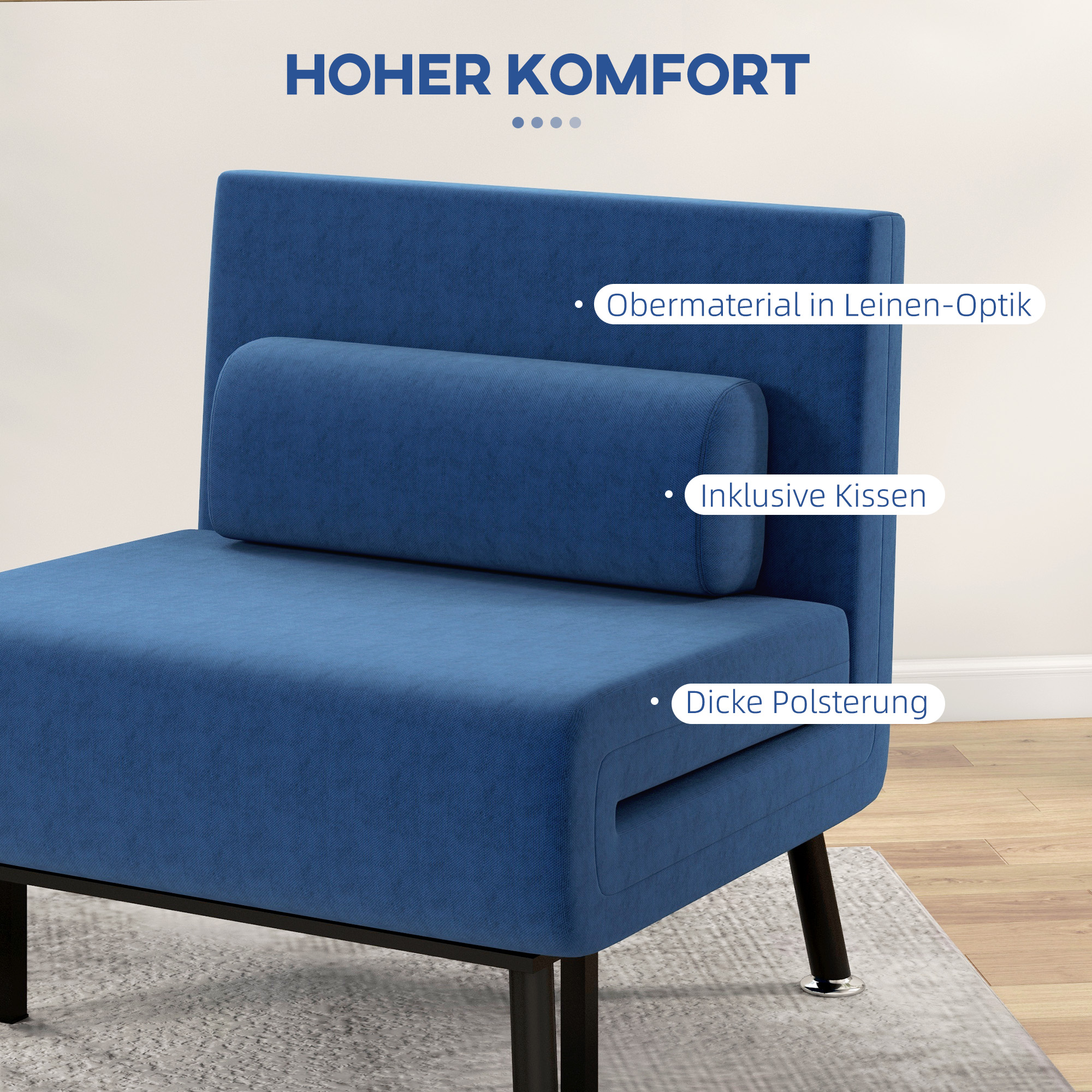 HOMCOM Slaapfauteuil, Relaxfauteuil en Logeerbed, Verstelbare Rugleuning, Afneembare Hoes, Marineblauw