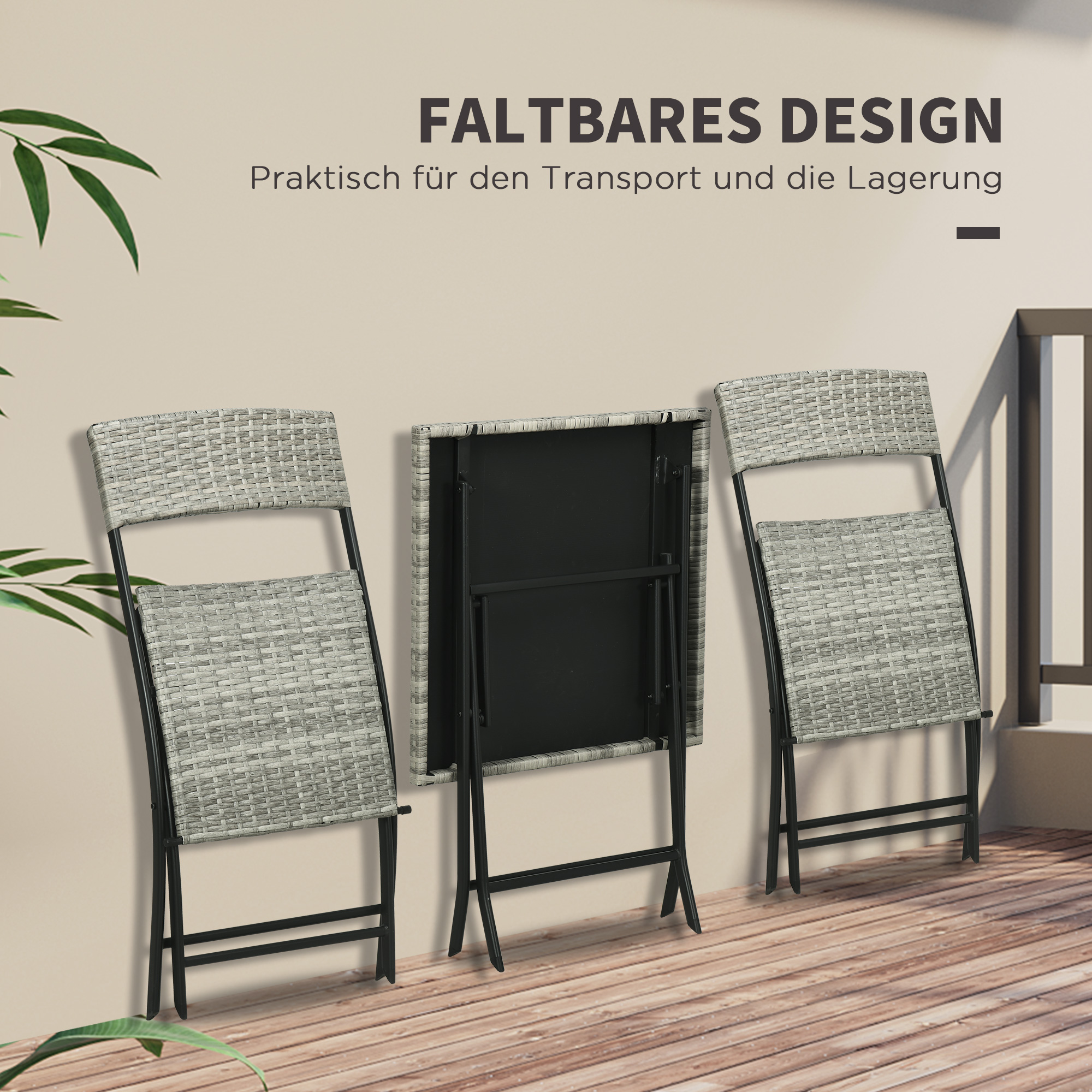 Outsunny Driedelige tuinmeubelset, 2 klapstoelen, 1 klaptafel, rotanlook, metalen frame, lichtgrijs