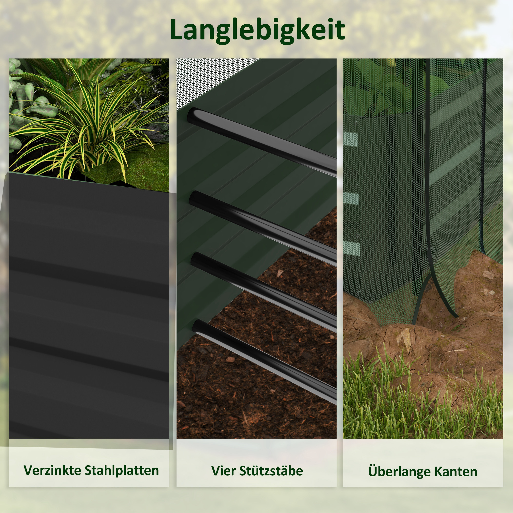 Outsunny Hoge plantenbak met vogelnet en zonnescherm, metalen behuizing, 230x110x110 cm, Grijs/Groen/Zwart