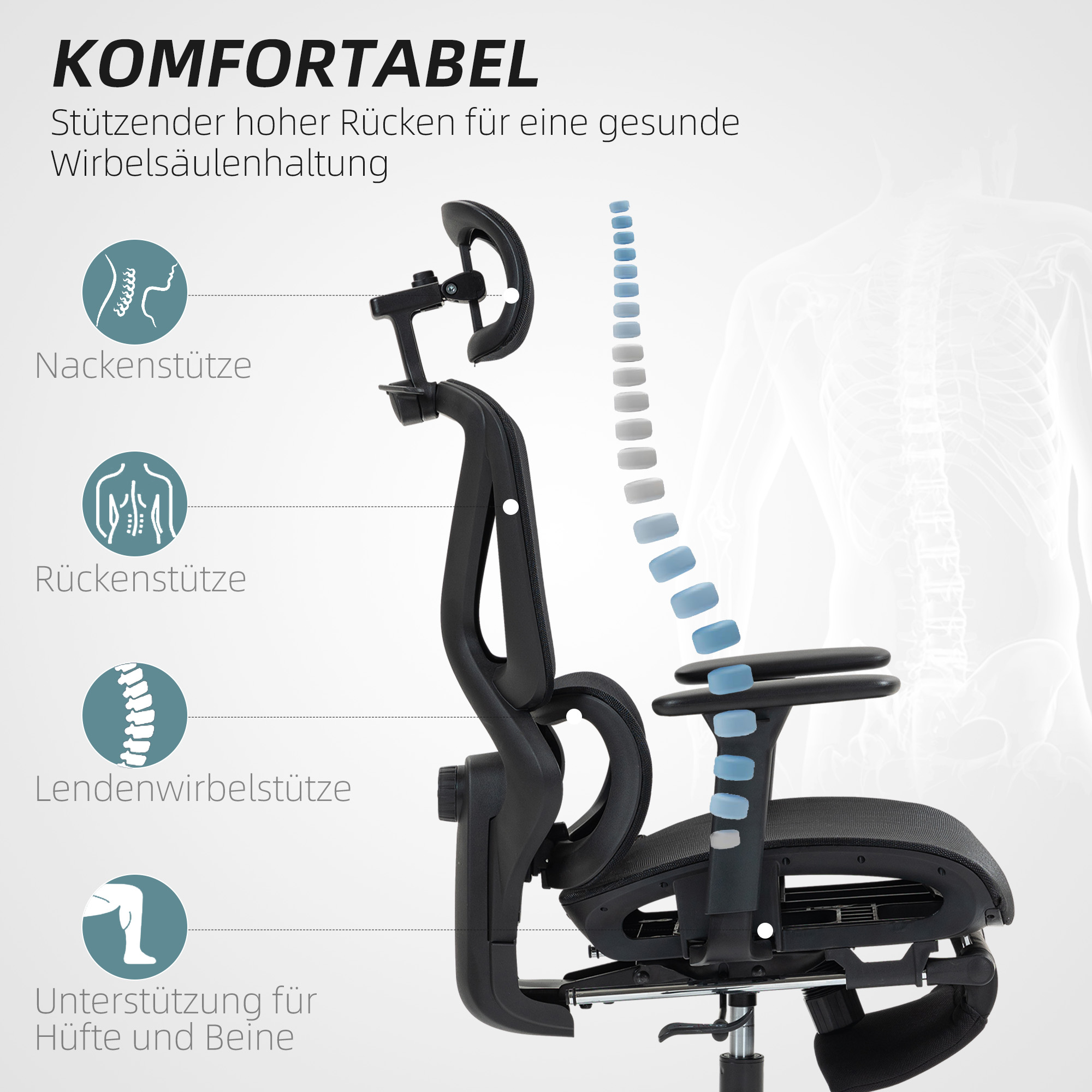 HOMCOM Bureaustoel, Ergonomisch Draaibaar, 135 Graden Kantelbaar, Verstelbaar, Zwart