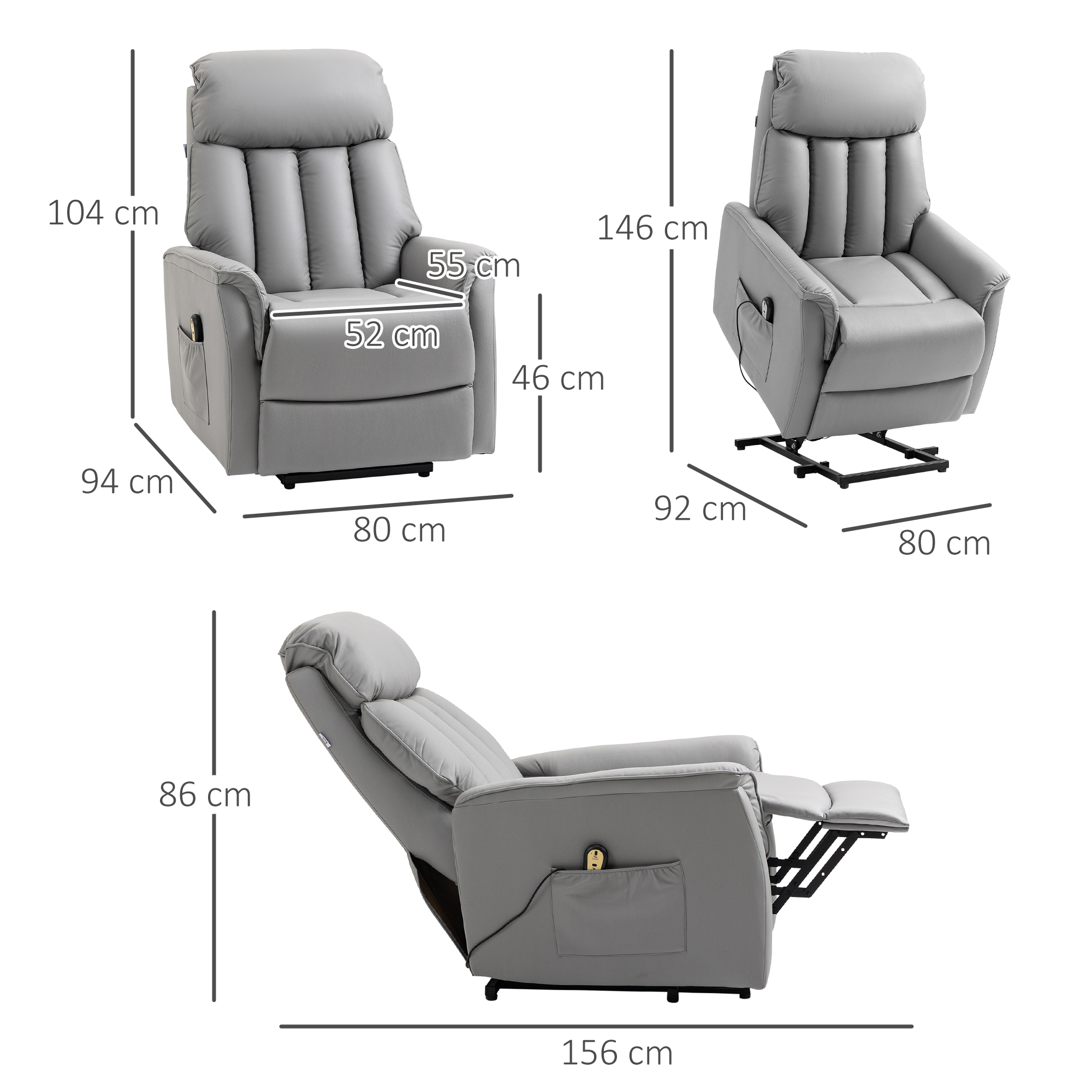 HOMCOM Opstaande stoel Relaxstoel TV-stoel, inclusief kabelafstandsbediening, 1 zijvak, 80 x 94 x 104 cm, Grijs