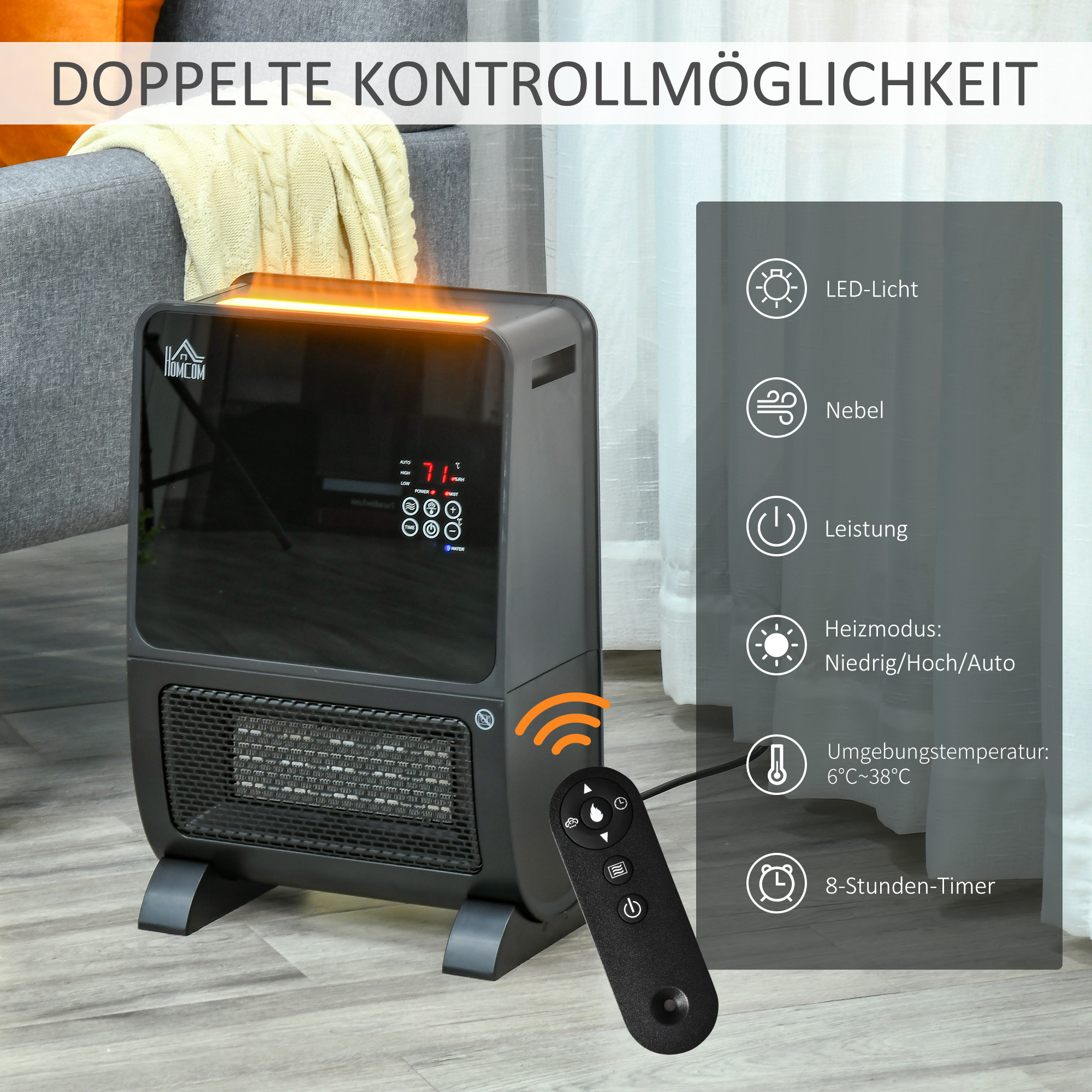 HOMCOM 2 in 1 luchtverhitter met afstandsbediening luchtbevochtiger keramisch LED licht bevochtigingsfunctie 8-uurs timer kachel verwarming 2000W ABS zwart 33 x 21 x 49.5 cm