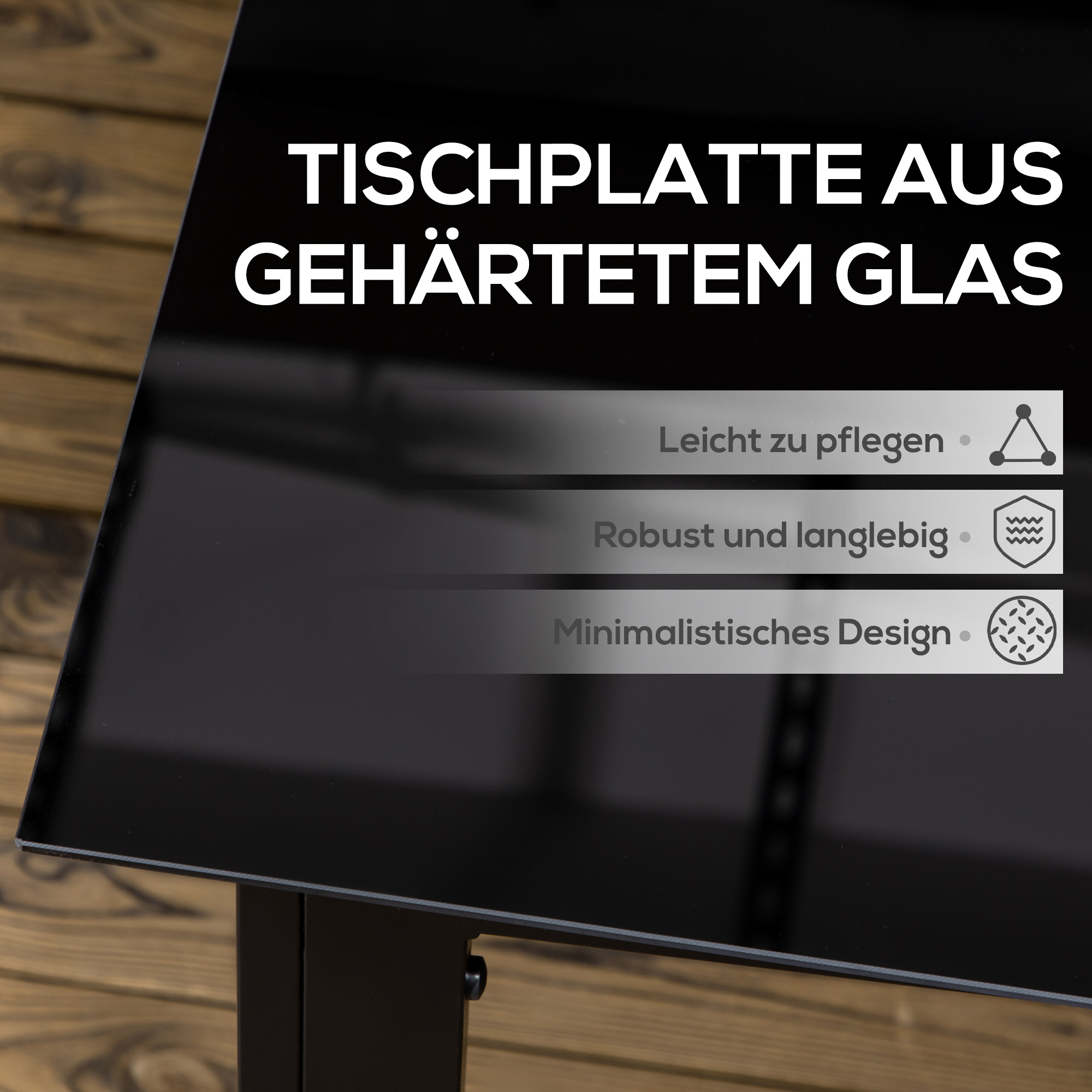 Tuintafel Outsunny voor 6 personen, weerbestendig, gehard glas, terrastafel, 150 cm x 90 cm x 74 cm, zwart