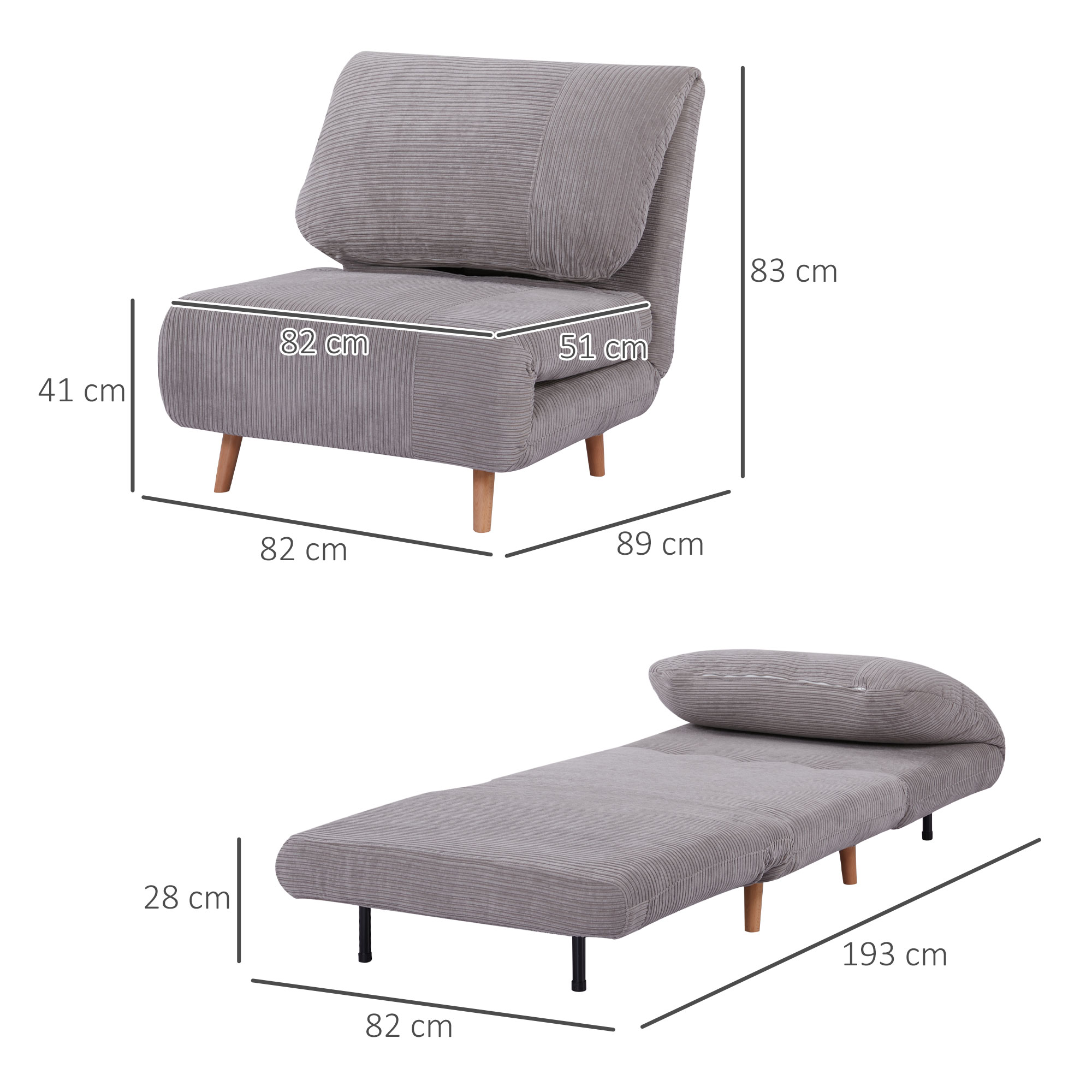 HOMCOM 2-in-1 slaapbank, fauteuilbed, opvouwbare matras, logeerbed, opklapbed, lichtgrijs