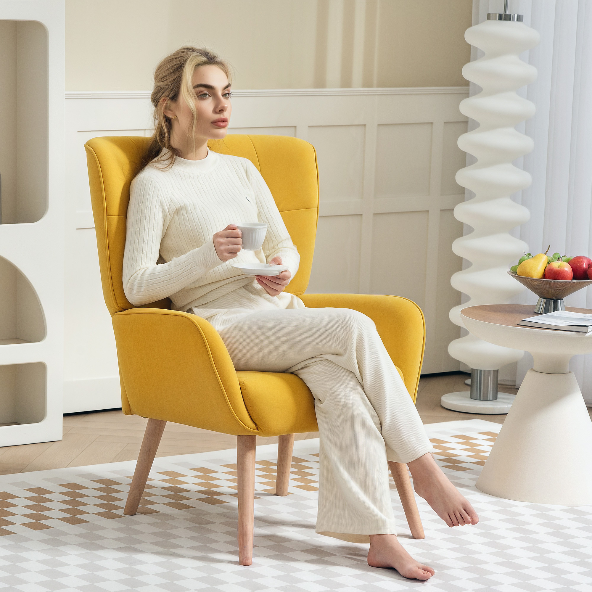 HOMCOM Gestoffeerde fauteuil, Woonkamerstoel met stiksels, Zachte bekleding in Fluweel Look, tot 120 kg, Geel