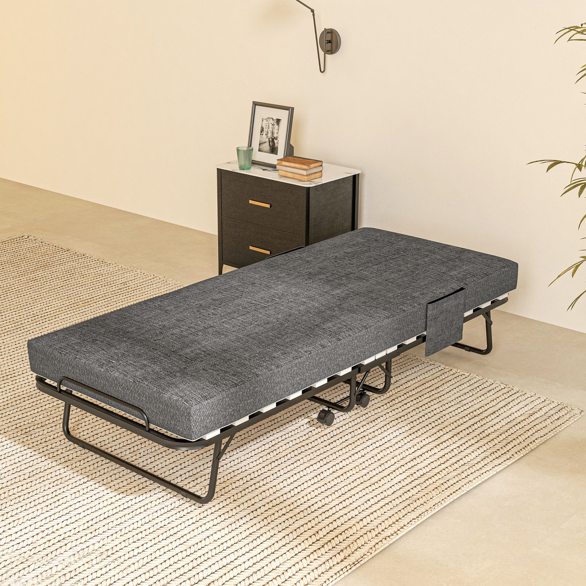 HOMCOM Opklapbed, Matras, 4 Wielen, Metalen Frame, Tot 150 kg, 190 x 80 x 42 cm, Donkergrijs