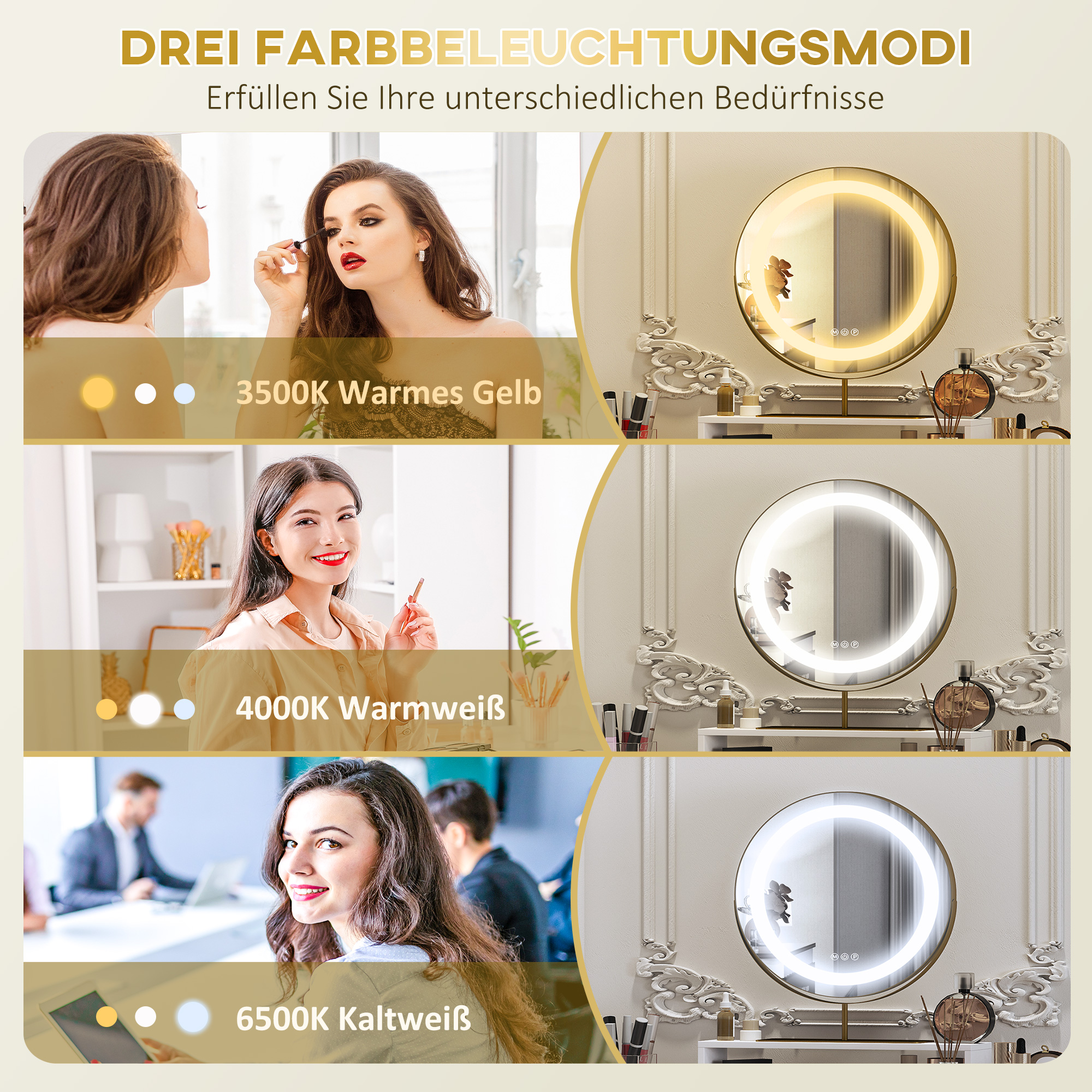 HOMCOM Kaptafel met 360° Spiegel, LED-verlichting, 2 Laden, Wit/Goud