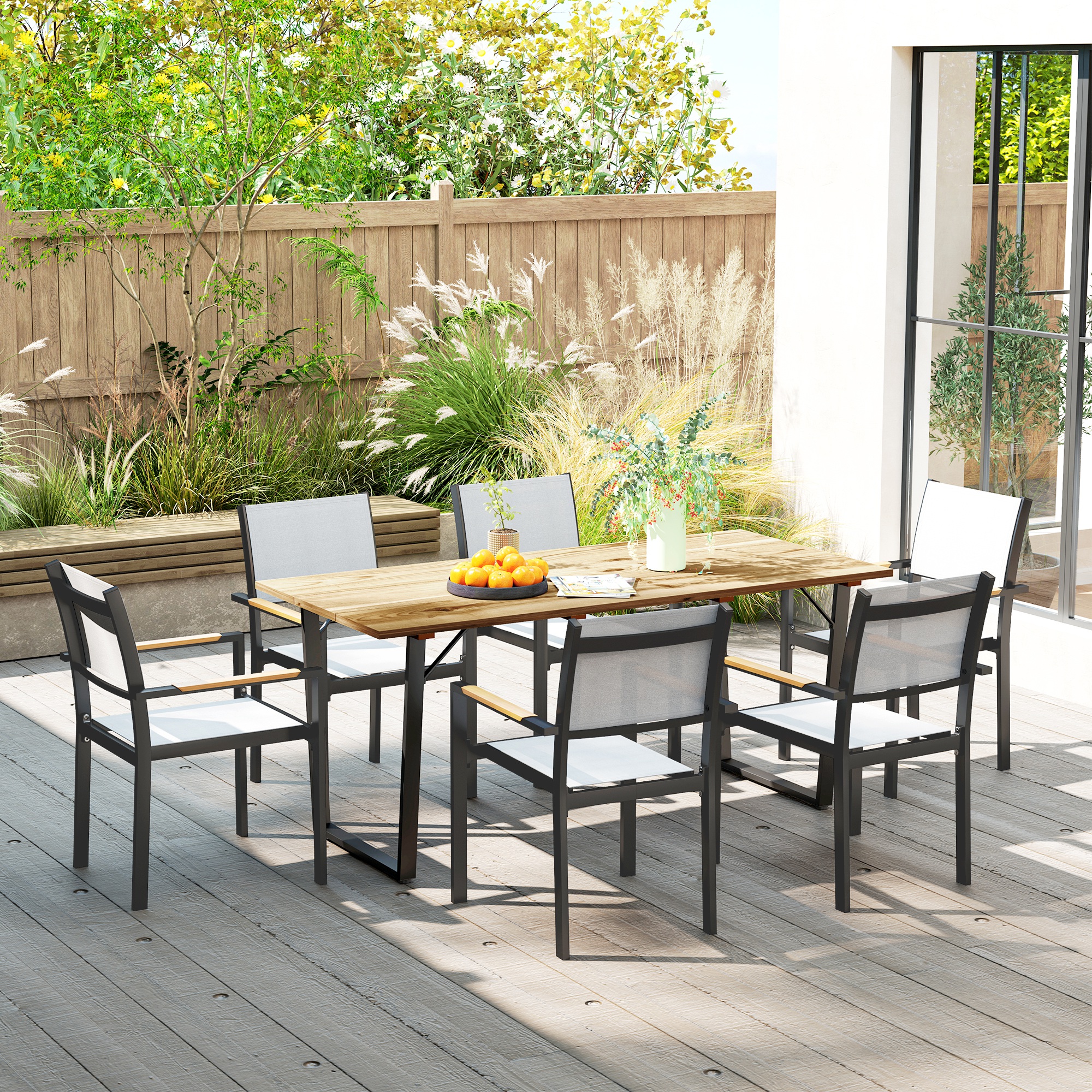 Outsunny Weerbestendige Houten Tuintafel 175x80 cm met Parasolgat voor 6 Personen - Bruin