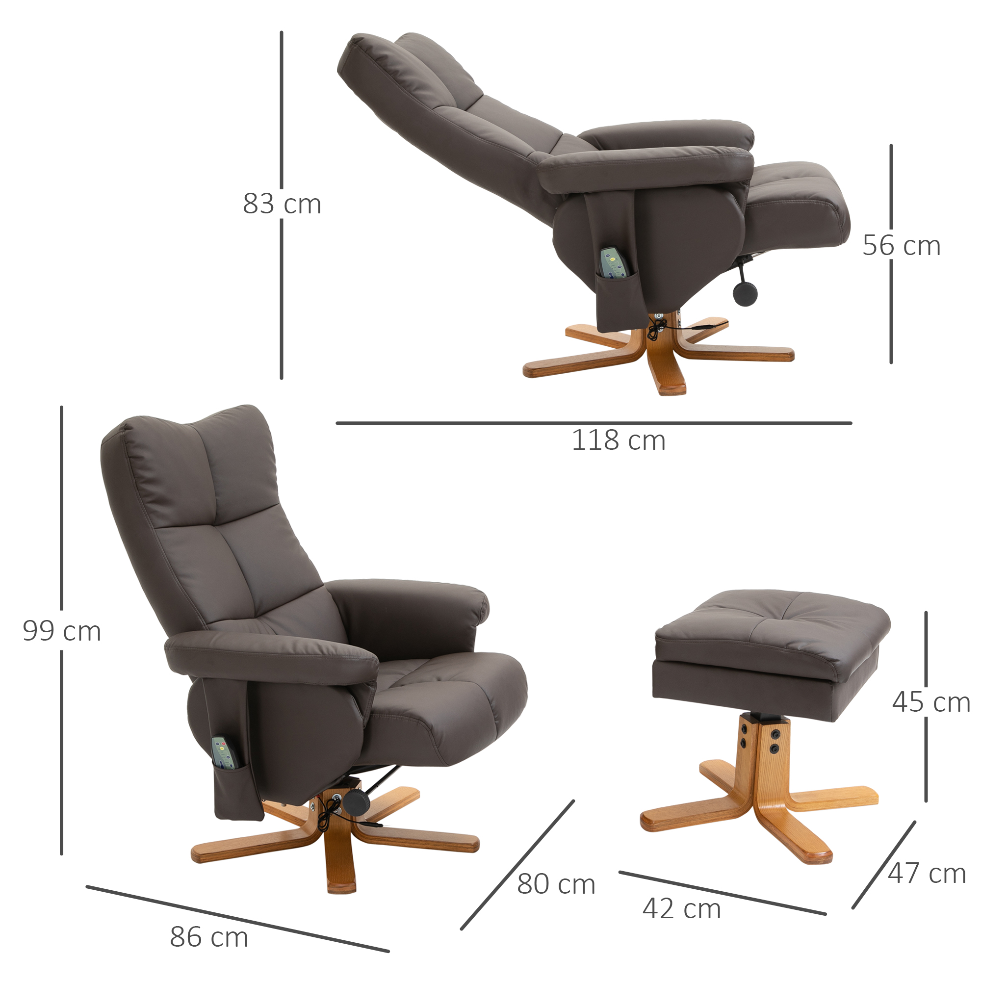 HOMCOM massagestoel met ottoman relaxstoel TV-stoel TV-stoel 145 ° helling kunstleer bruin 80 x 86 x 99 cm