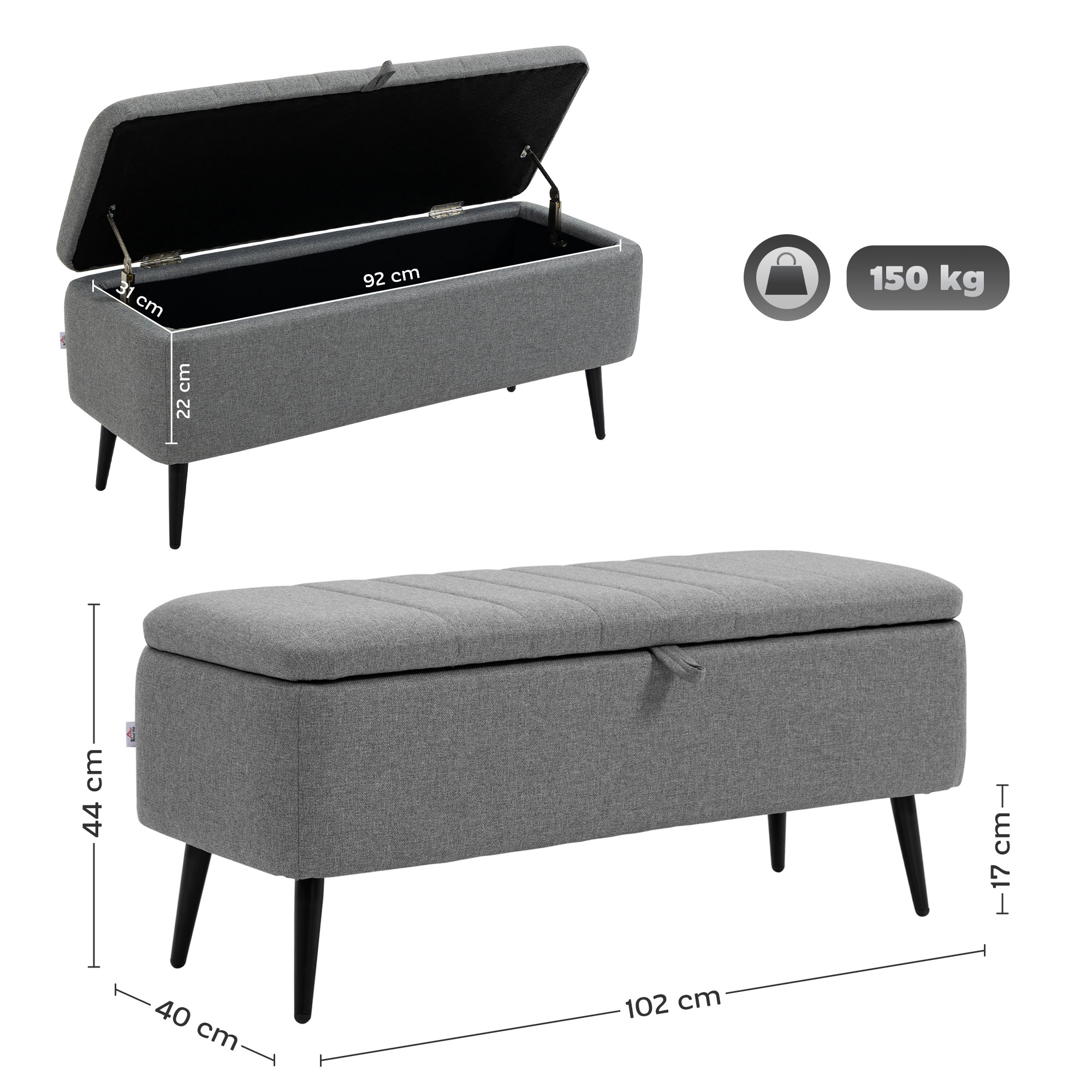 HOMCOM Zitbank met Opbergruimte, Gestoffeerde Bank met Linnenlook, Opbergbank met Stalen Poten 102 x 40 x 44 cm, Grijs