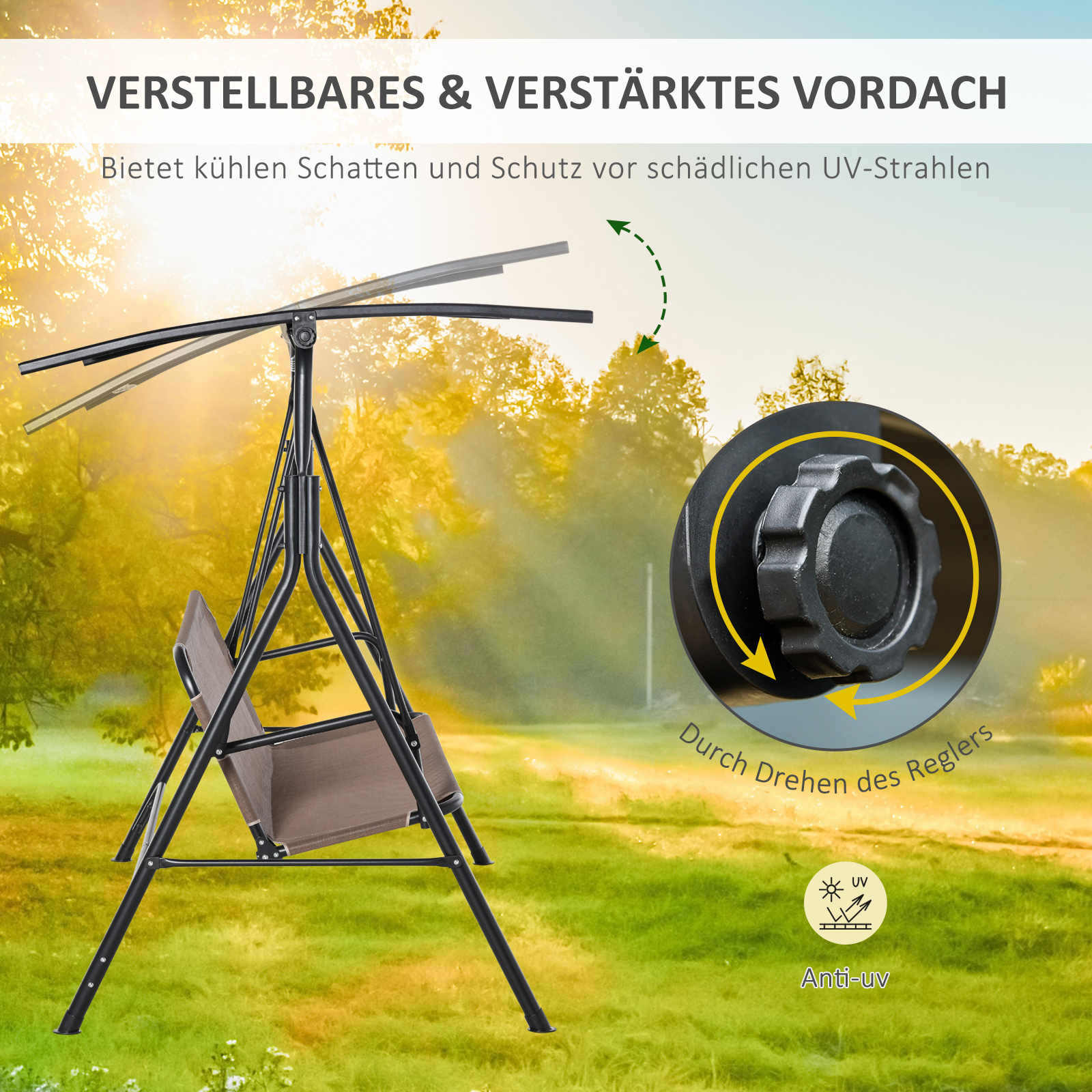 Outsunny 2-zits schommelstoel met zonnekap 172 cm x 110 cm x 155 cm