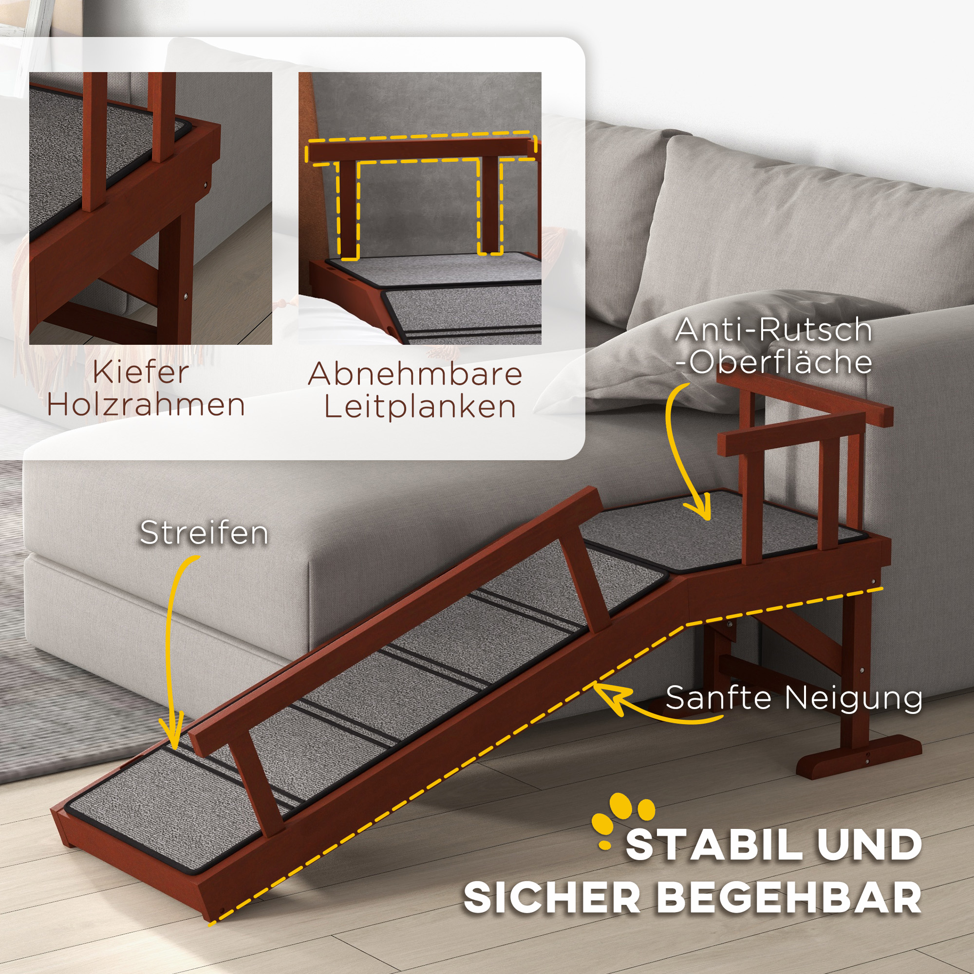 PawHut Huisdierloopplank, Afneembare Leuningen, Antislip, Grenenhout, tot 30 kg, 125x40x56cm, Bruin/Grijs