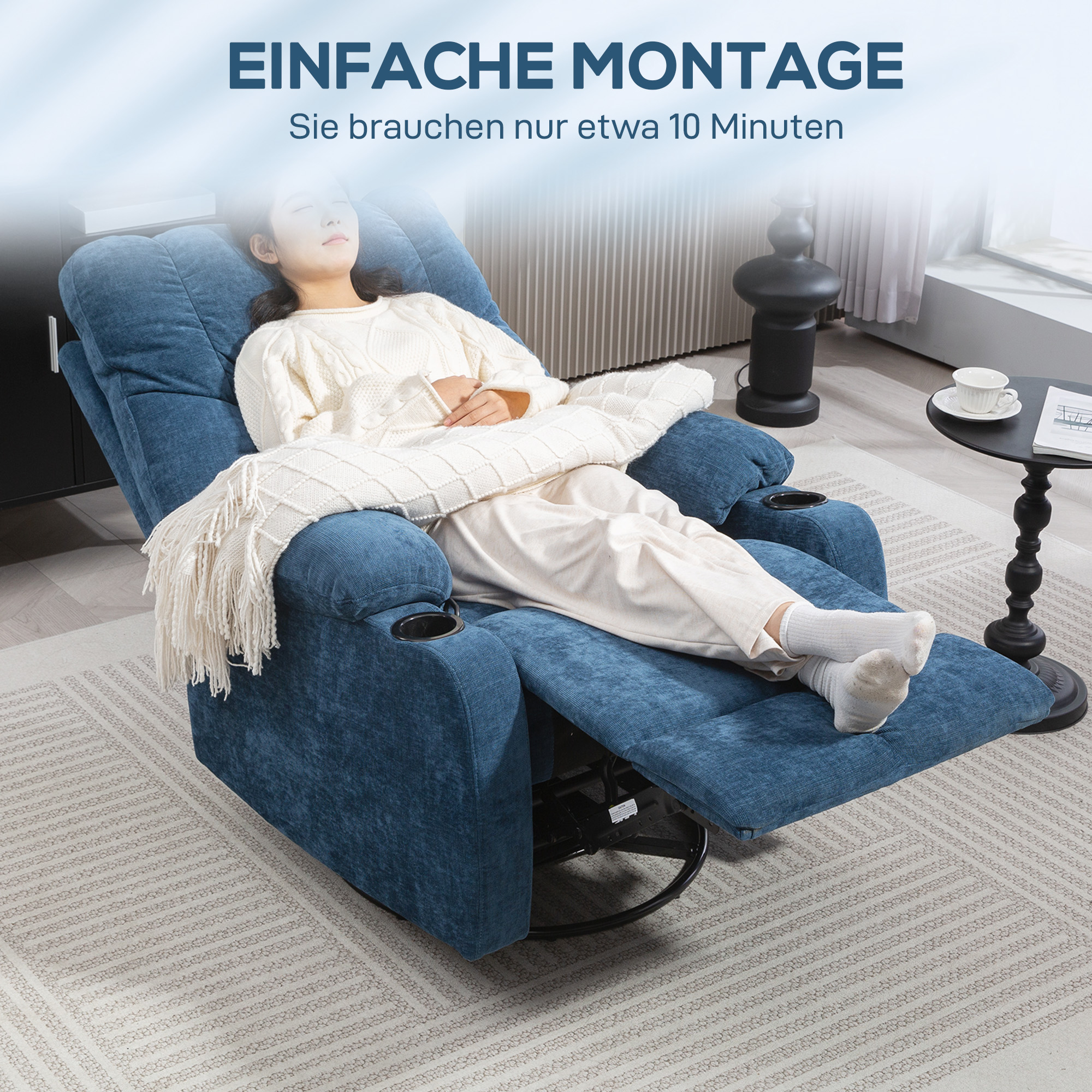 HOMCOM Relaxstoel met Voetensteun, Ligstoel, Draaibaar, tot 150 kg, Stalen Frame, 88x96x108cm, Donkerblauw