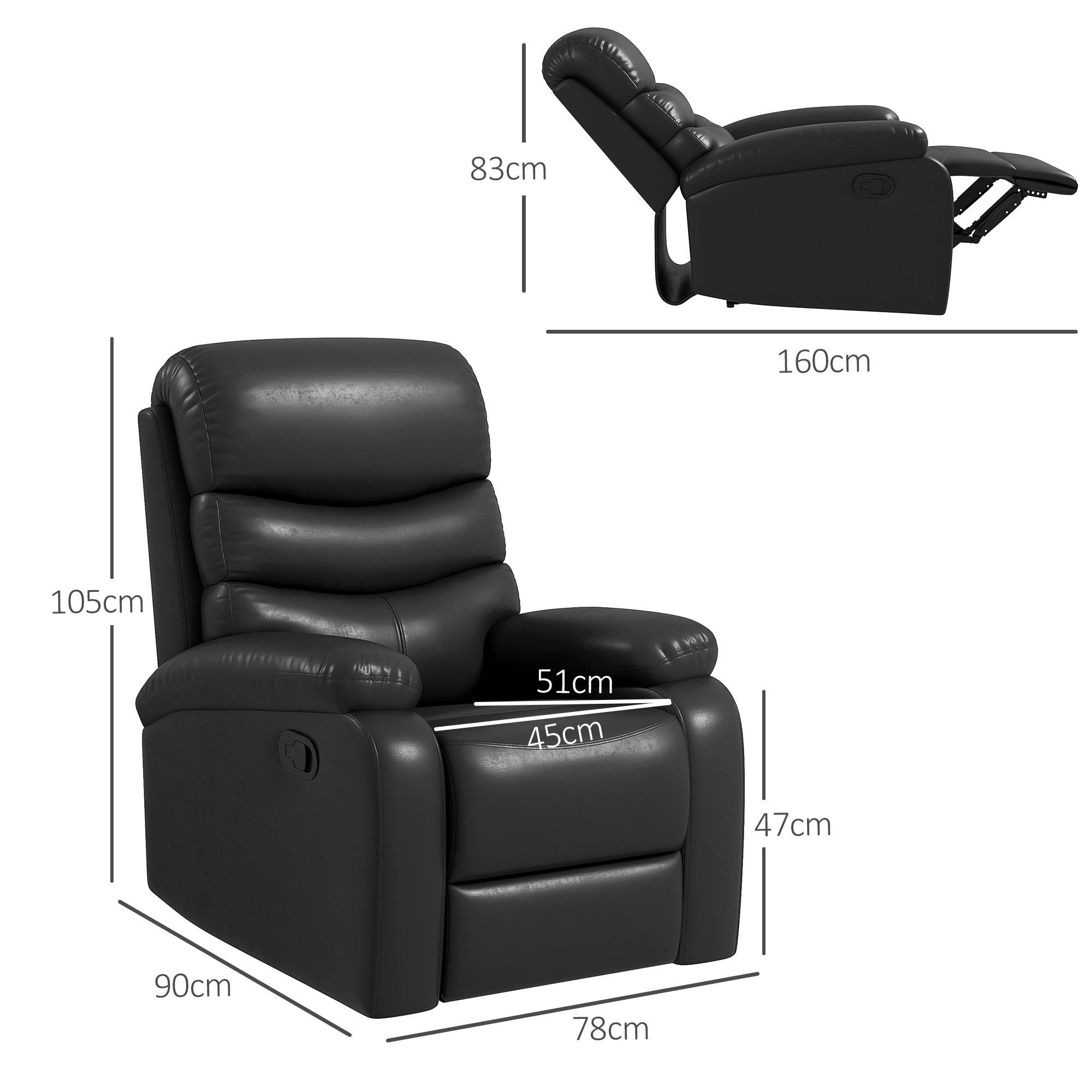 HOMCOM Ontspanningsstoel Ligstoel, met ligfunctie, inclusief voetensteun, 80 cm x 90 cm x 105 cm, Zwart