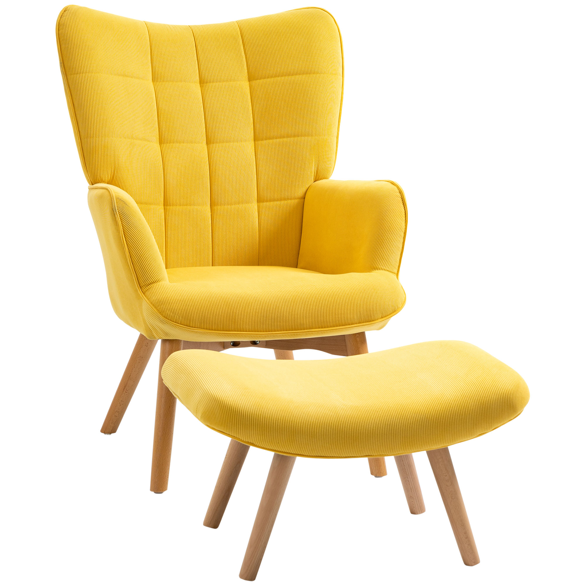 HOMCOM Fauteuil scandi accent met voetenbank, fauteuilset, beukenhout, corduroy-look, geel