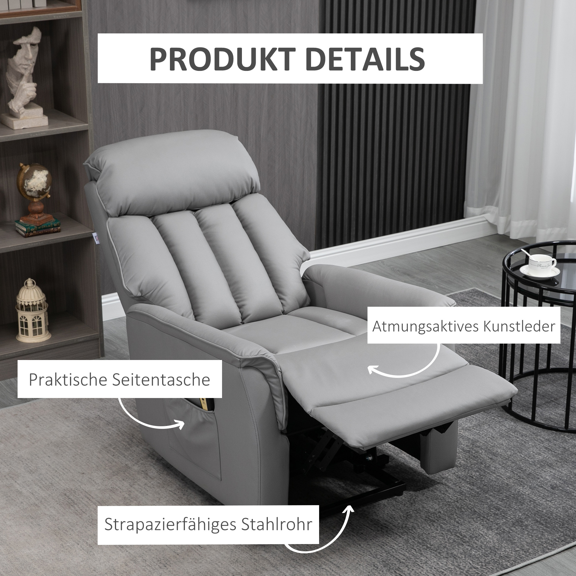 HOMCOM Opstaande stoel Relaxstoel TV-stoel, inclusief kabelafstandsbediening, 1 zijvak, 80 x 94 x 104 cm, Grijs