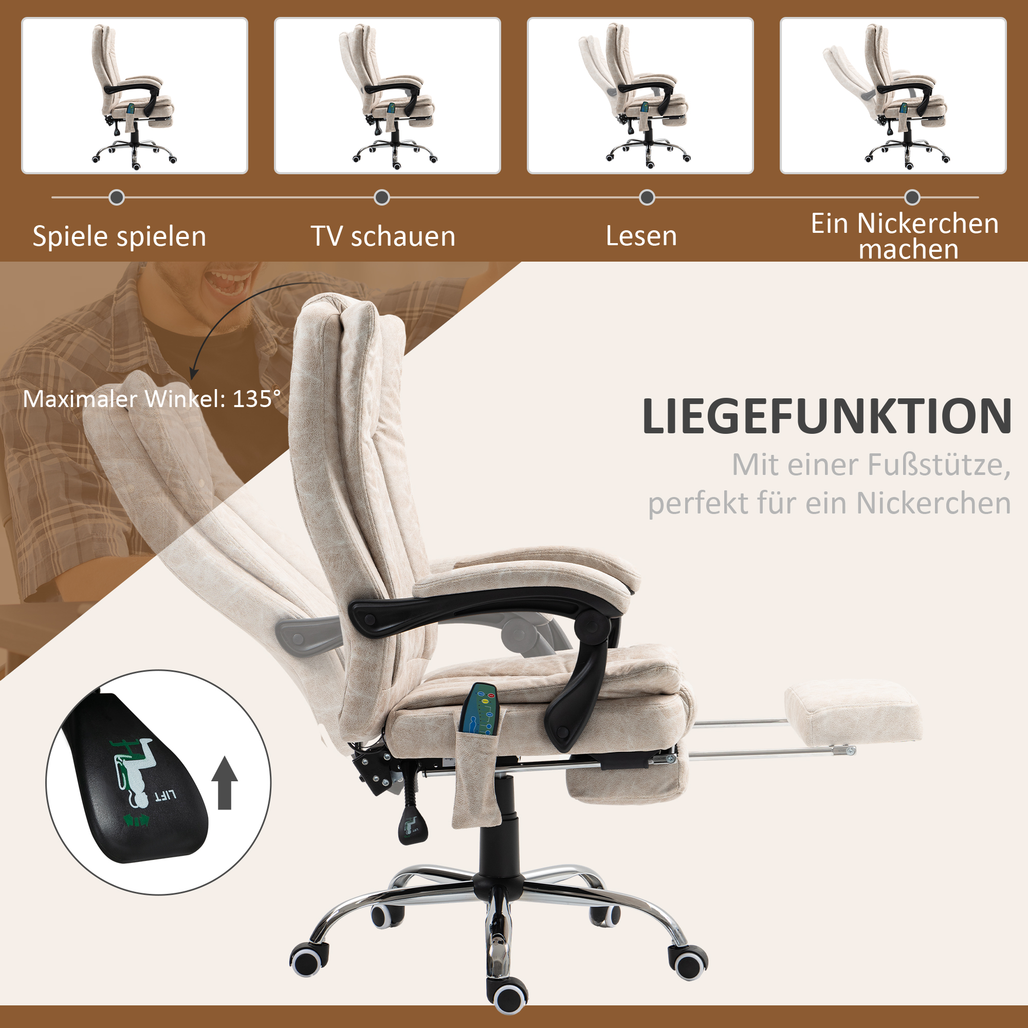 Vinsetto Bureaustoel met Massagefunctie, Ergonomische Schreibtischstoel met Ligfunctie, Verwarmingsfunctie en Zijzak, Crèmewit