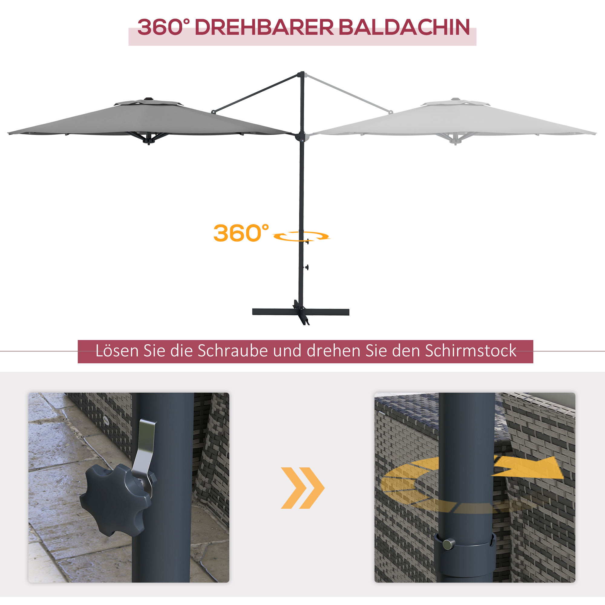 Outsunny Ø3 m Zweefparasol, kantelbaar, draaibaar, handmatig bedienbaar, windkap, metalen mast, donkergrijs