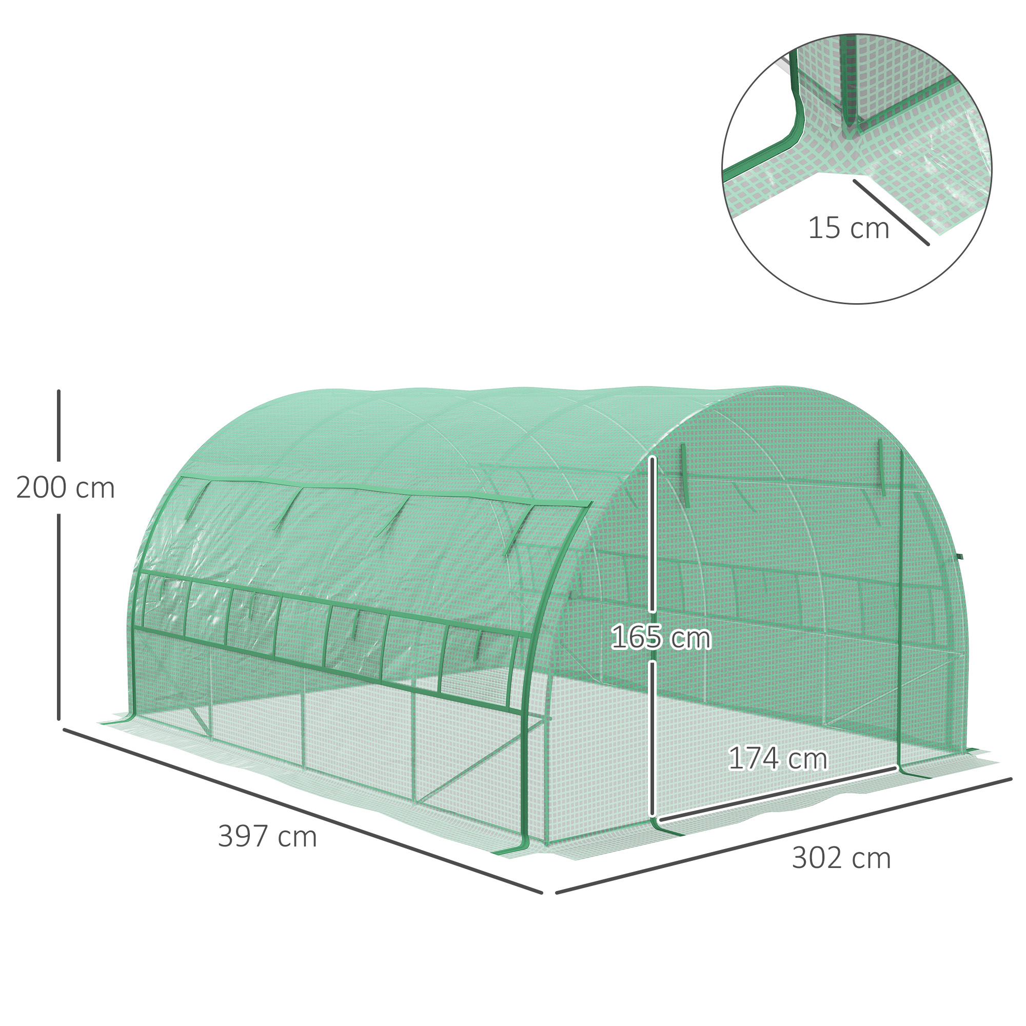 Outsunny Bezoekbare Foliekas, Tuinkas, met Netramen, Metalen Frame, 4x3x2m, Groen