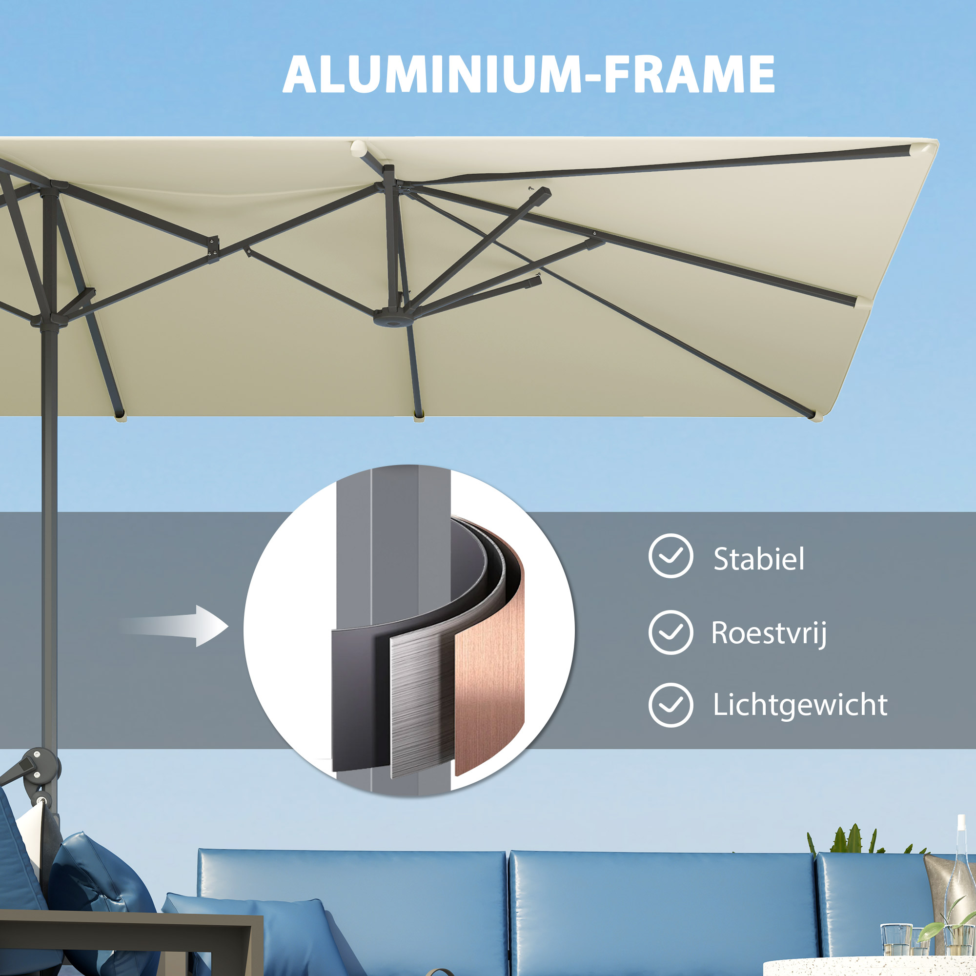 Outsunny Dubbelzijdige Parasol, 451 x 264 cm Zonnescherm met Kruksysteem, 12 Metalen Baleinen, Aluminiummast, Crèmewit