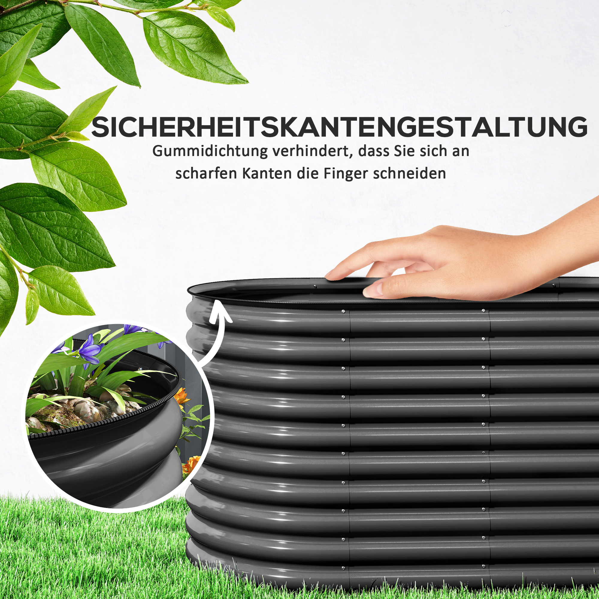 Outsunny Plantenkuip, Metalen Bloemenkuip met Veiligheidsrand en Handschoenen, Open Bodem, 160B x 80D x 80H cm, Donkergrijs