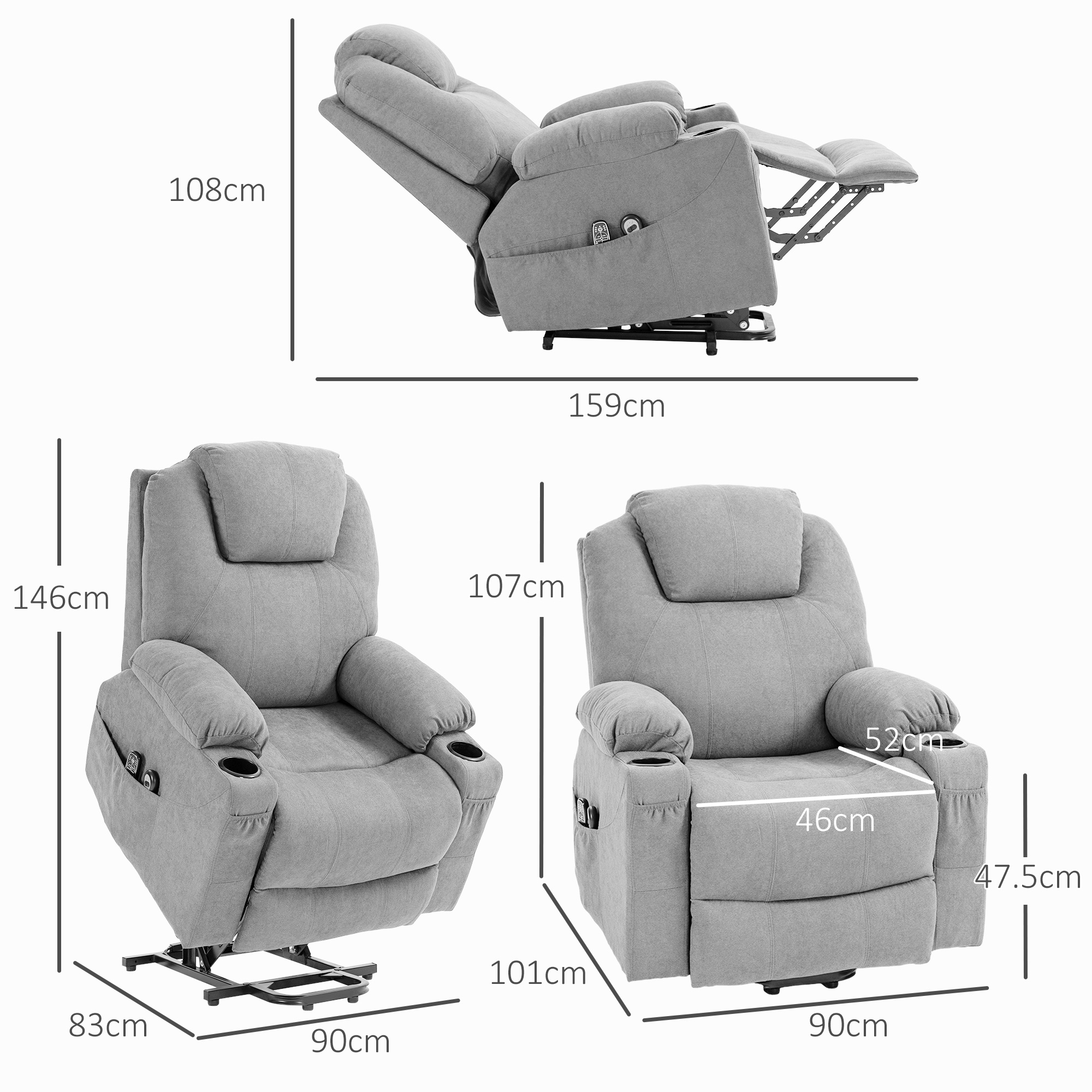 HOMCOM Massagestoel met Opsta-hulp voor Senioren, 8 Vibratiepunten, 2 Zijzakken, Drankhouder, 90 x 101 x 107 cm, Grijs