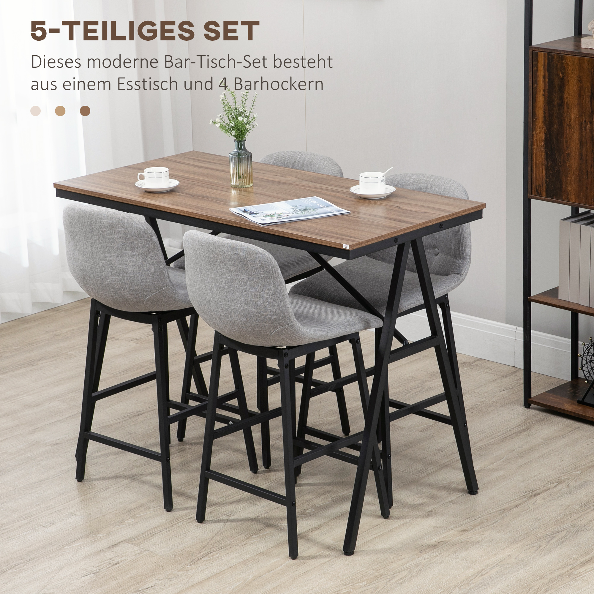 HOMCOM 5-delige Bargarnituur, Tafel en 4 Stoelen, Knoopafwerking, Dikke Bekleding, Linnenlook, Grijs