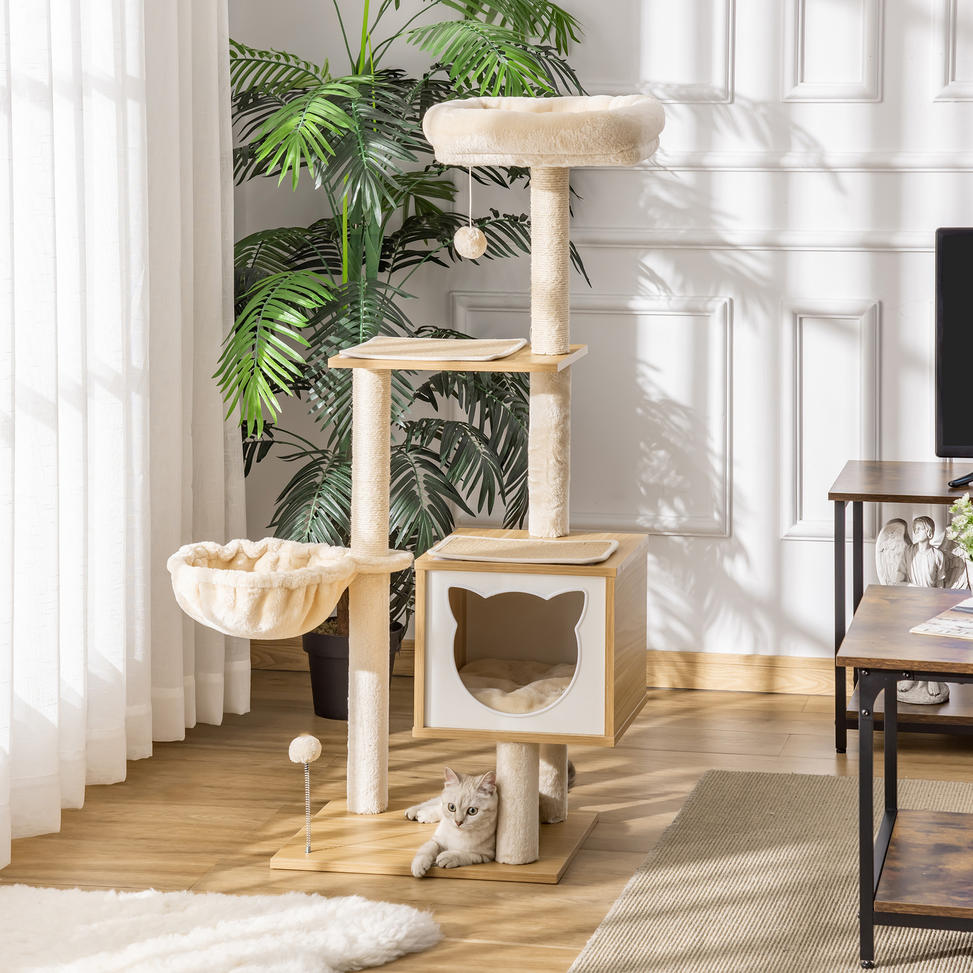 PawHut kattenkrabpaal kattenspeelgoed klimboom spaanplaat sisal kort pluche beige 48 x 40 x 126 cm