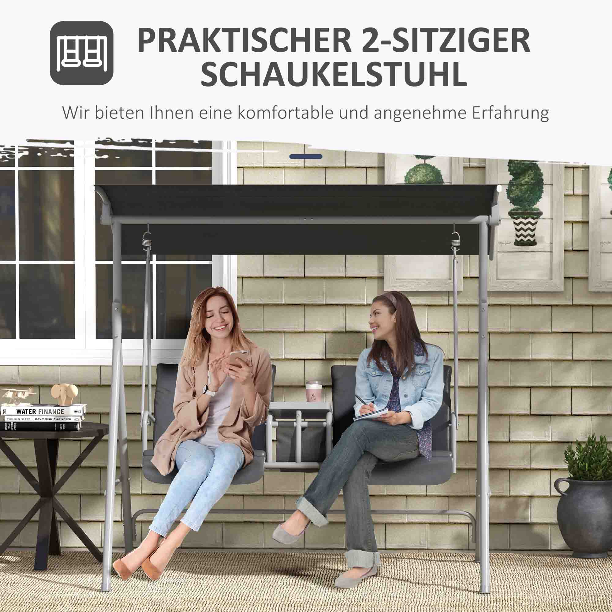 Outsunny Hollywoodschommel, 2-zits, met Dak en Tafel, Metalen Frame, Tot 180 kg, 175x110x165 cm, Zwart