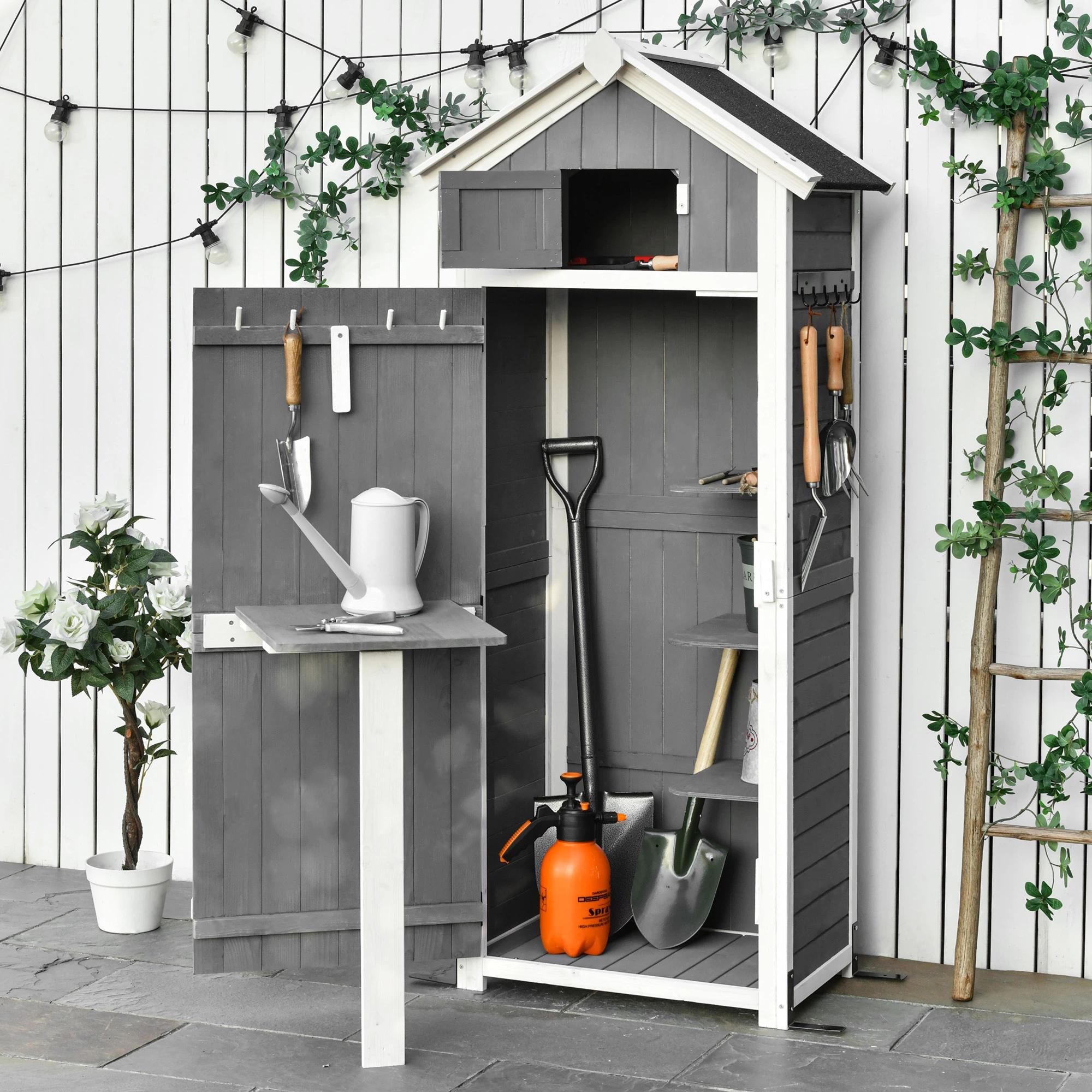 Outsunny gereedschapsschuur met deur dak gereedschapsschuur met haken tuinopbergkast klaptafel outdoor grijs vurenhout 78 x 52,5 x 182 cm