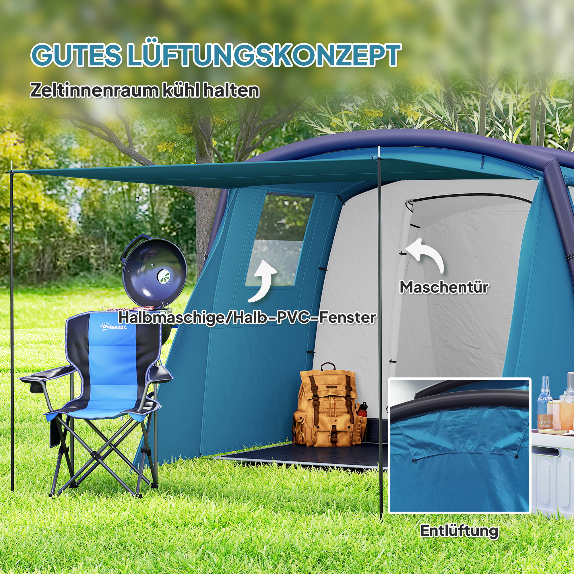 Outsunny Opblaasbare Campingtent 3-6 Personen Outdoor Tunneltent met Zijramen Deur Luchtsteunen 4,4 x 2,8 x 1,95 m Blauw