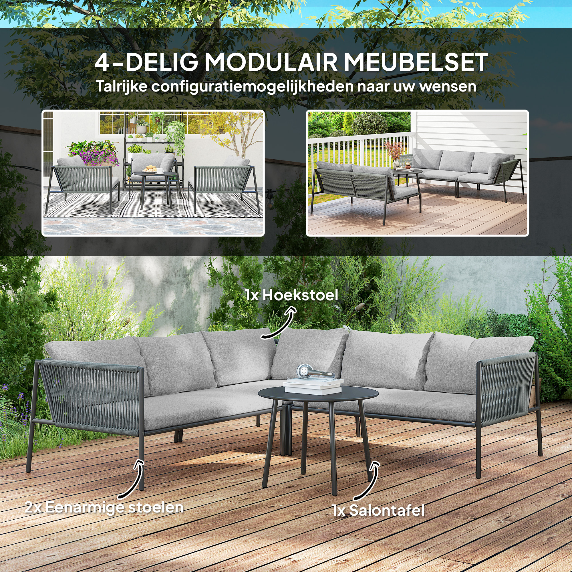 Outsunny Tuinmeubelset Rattan Loungeset met Hoekbank, Tafel en Kussens voor 6 Personen Donkergrijs